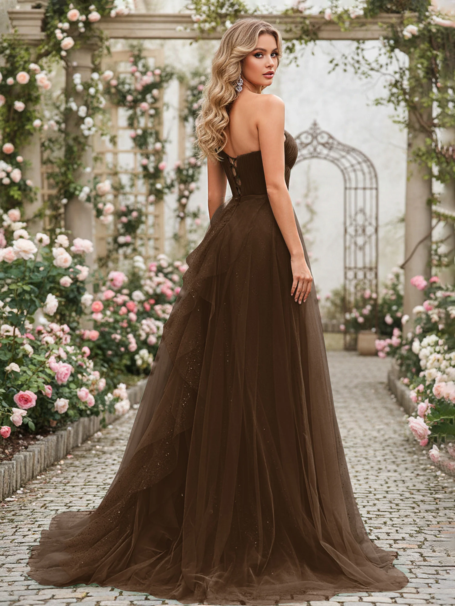 Sparkling Tulle A-Line Gown with Cascading Ruffles Brown - Image 2