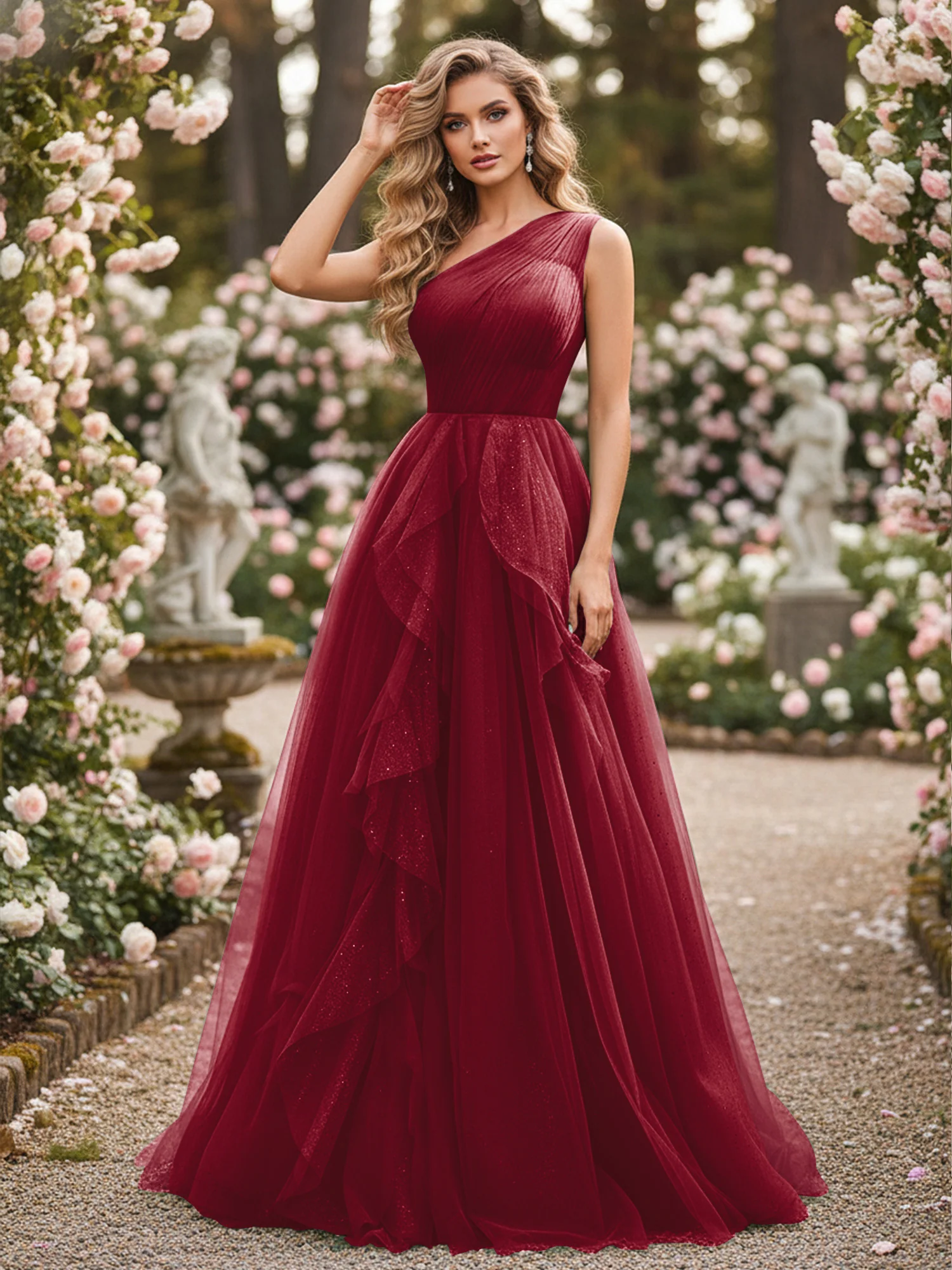 Sparkling Tulle A-Line Gown with Cascading Ruffles Burgundy