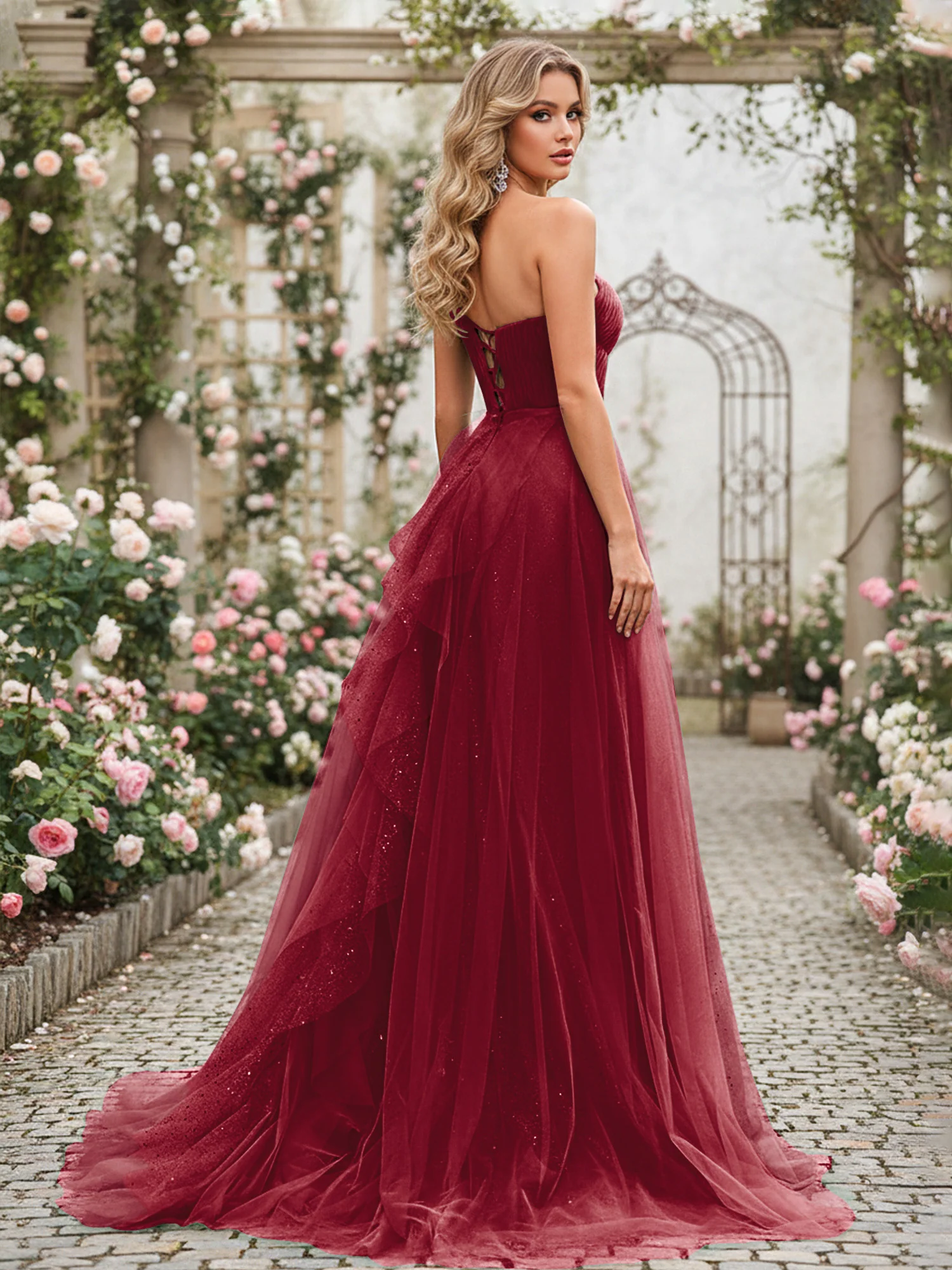 Sparkling Tulle A-Line Gown with Cascading Ruffles Burgundy - Image 2
