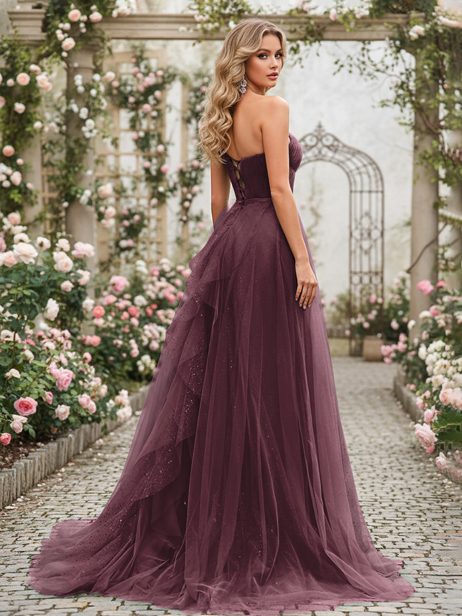 Sparkling Tulle A-Line Gown with Cascading Ruffles Cabernet - Image 2