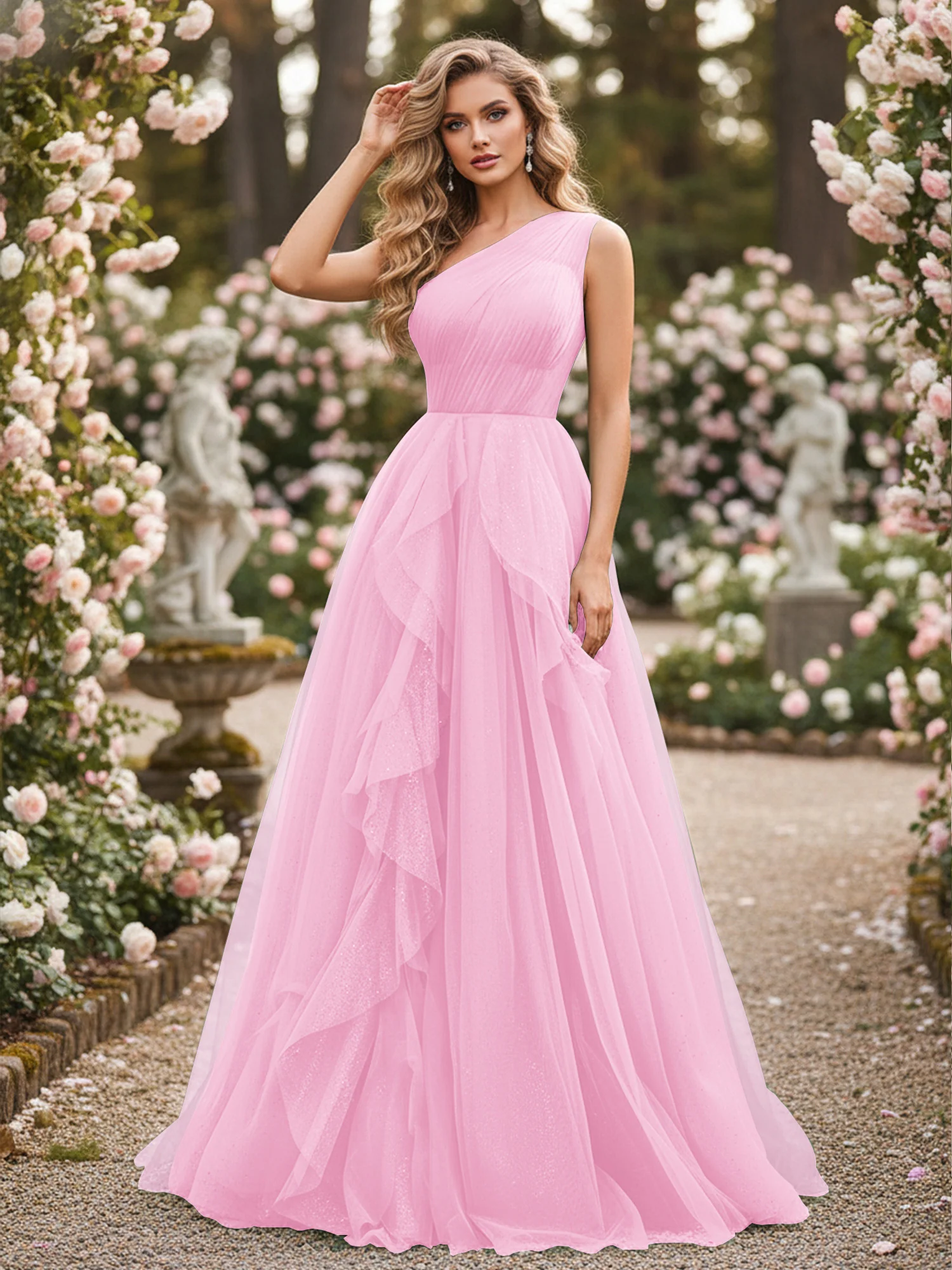 Sparkling Tulle A-Line Gown with Cascading Ruffles Candy Pink
