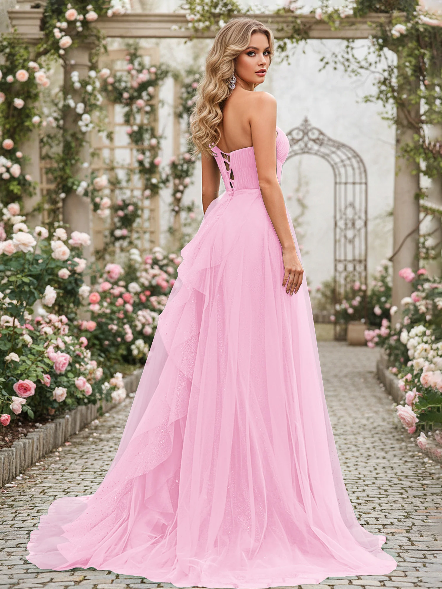 Sparkling Tulle A-Line Gown with Cascading Ruffles Candy Pink - Image 2