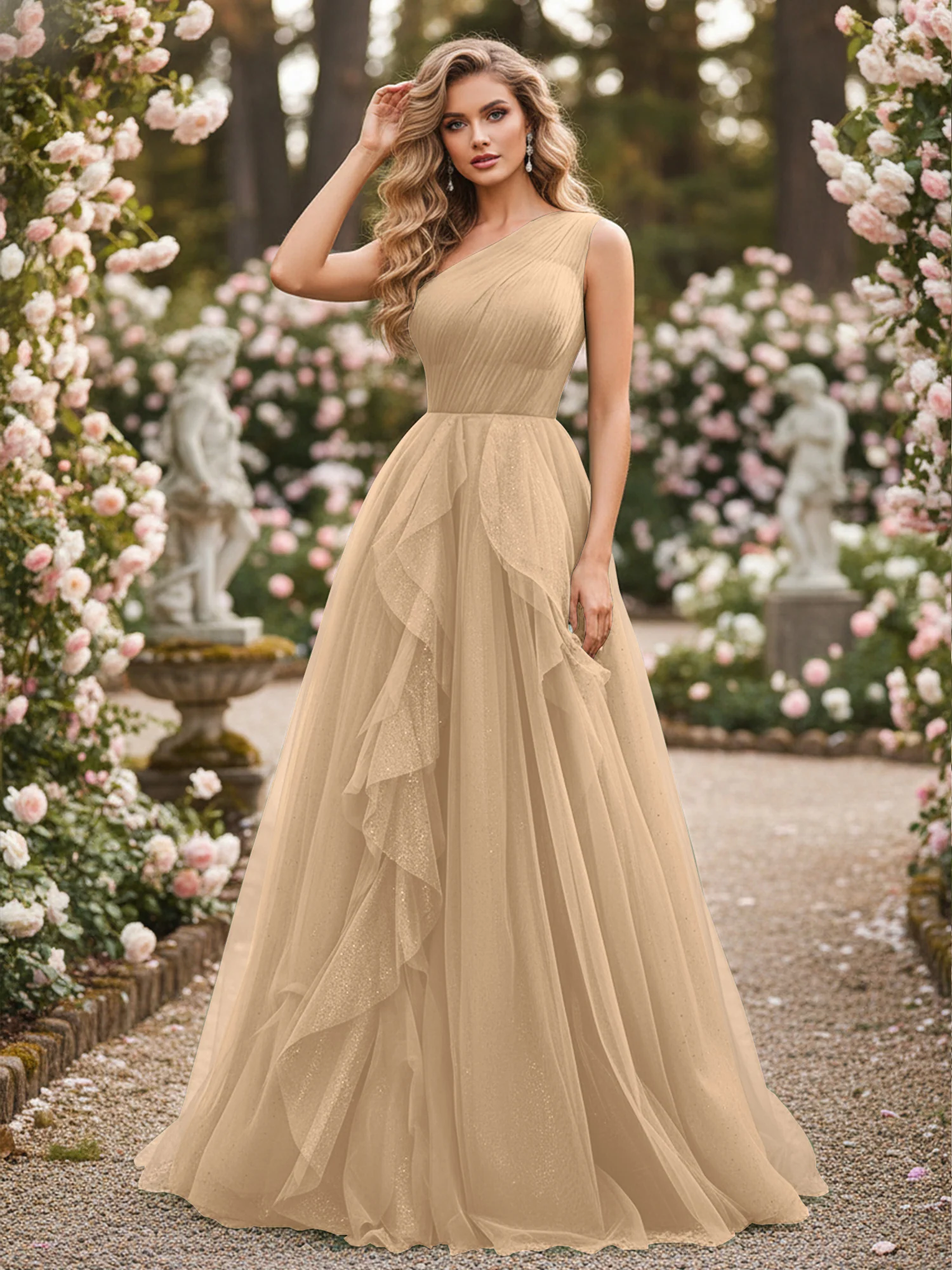 Sparkling Tulle A-Line Gown with Cascading Ruffles Champagne