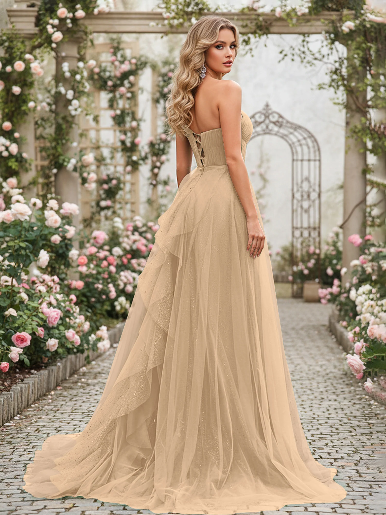 Sparkling Tulle A-Line Gown with Cascading Ruffles Champagne - Image 2