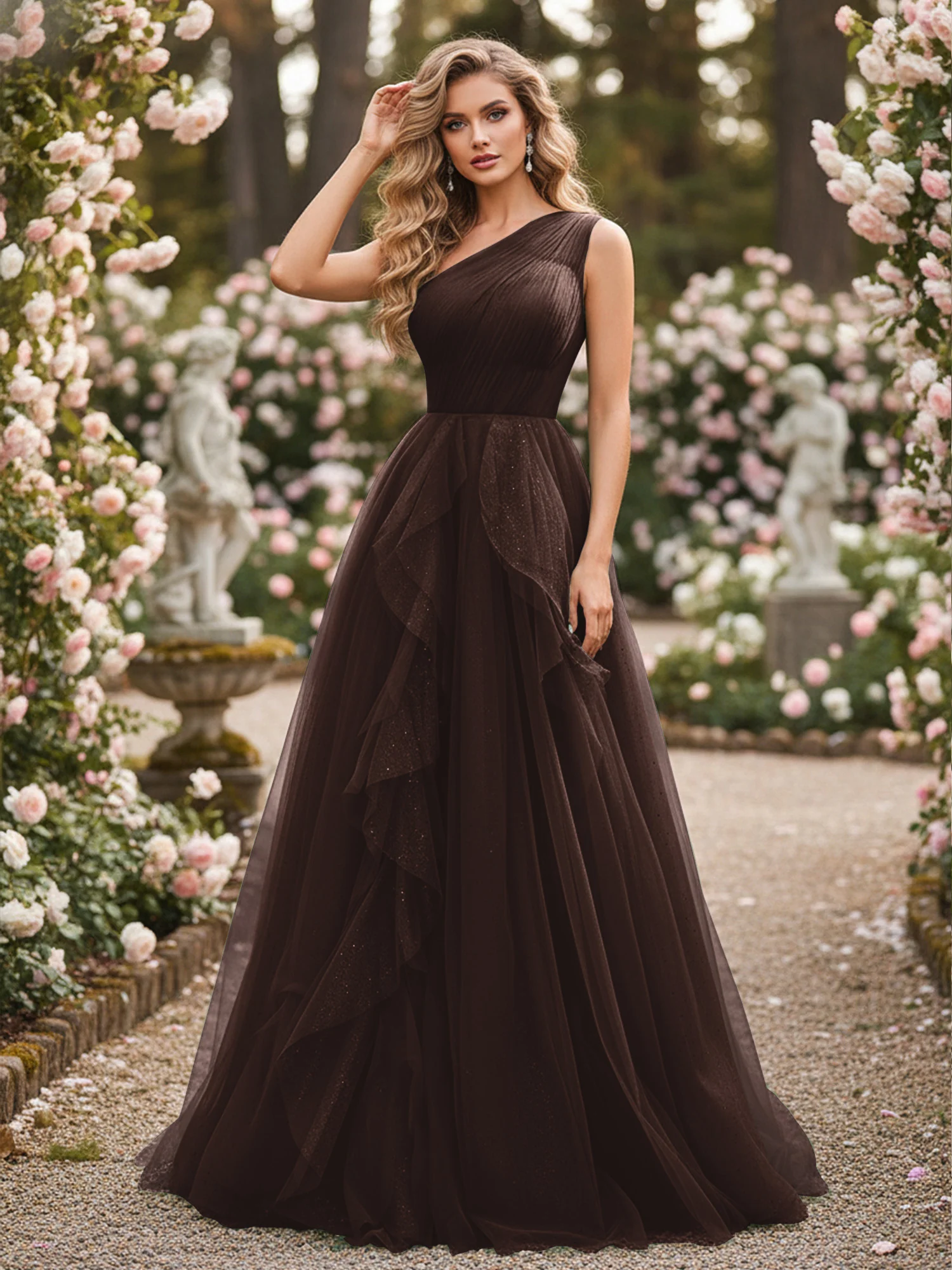Sparkling Tulle A-Line Gown with Cascading Ruffles Chocolate