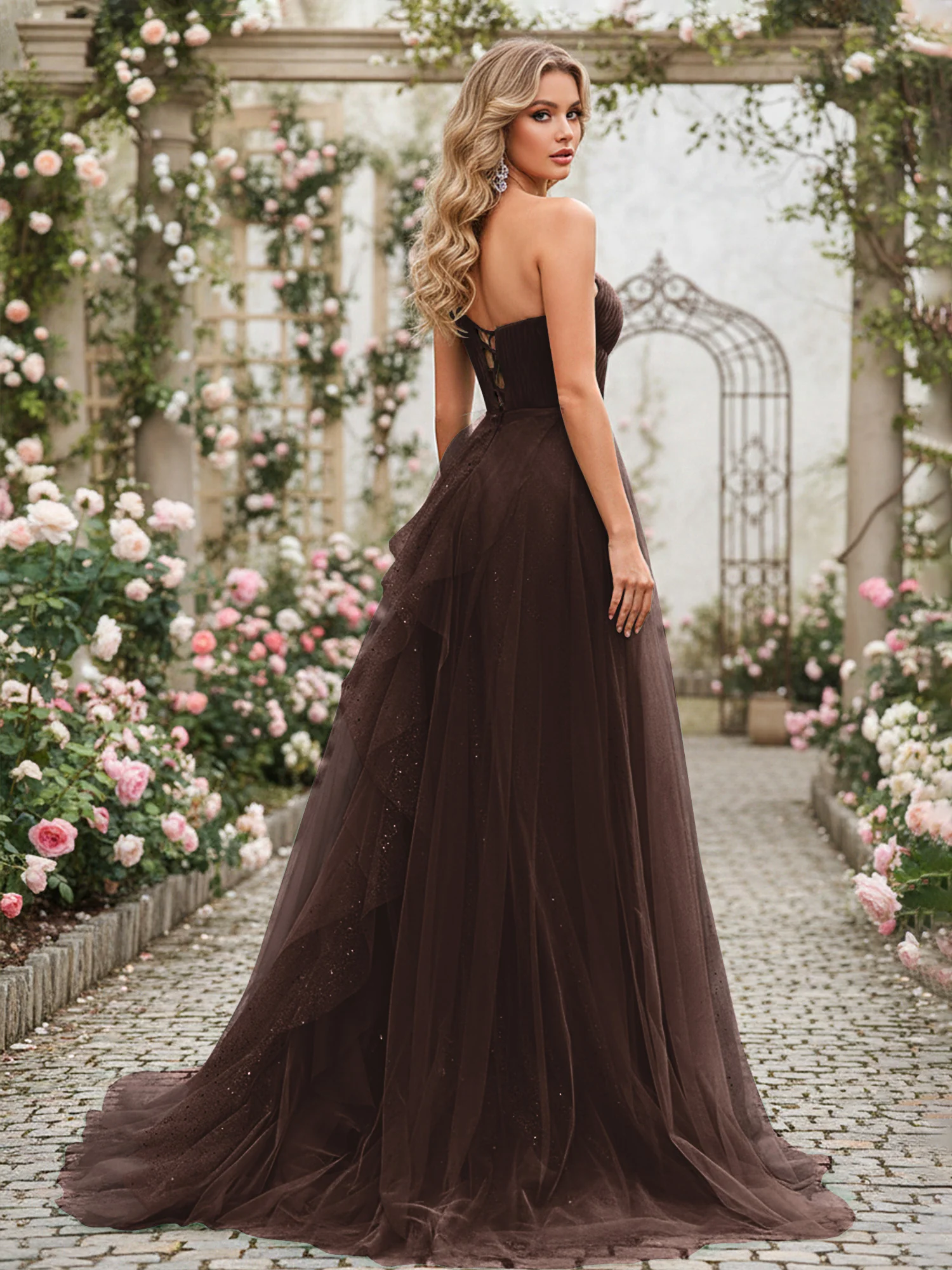 Sparkling Tulle A-Line Gown with Cascading Ruffles Chocolate - Image 2