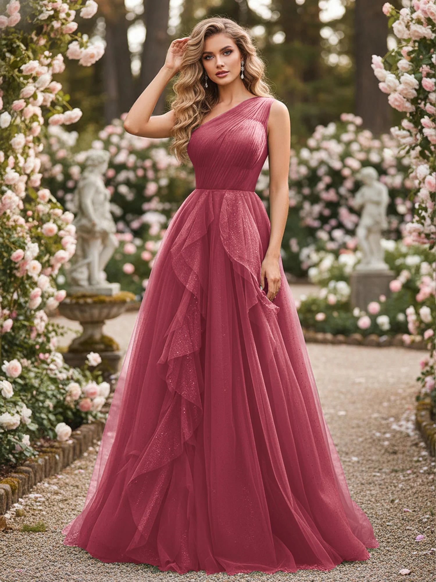 Sparkling Tulle A-Line Gown with Cascading Ruffles Cinnamon Rose