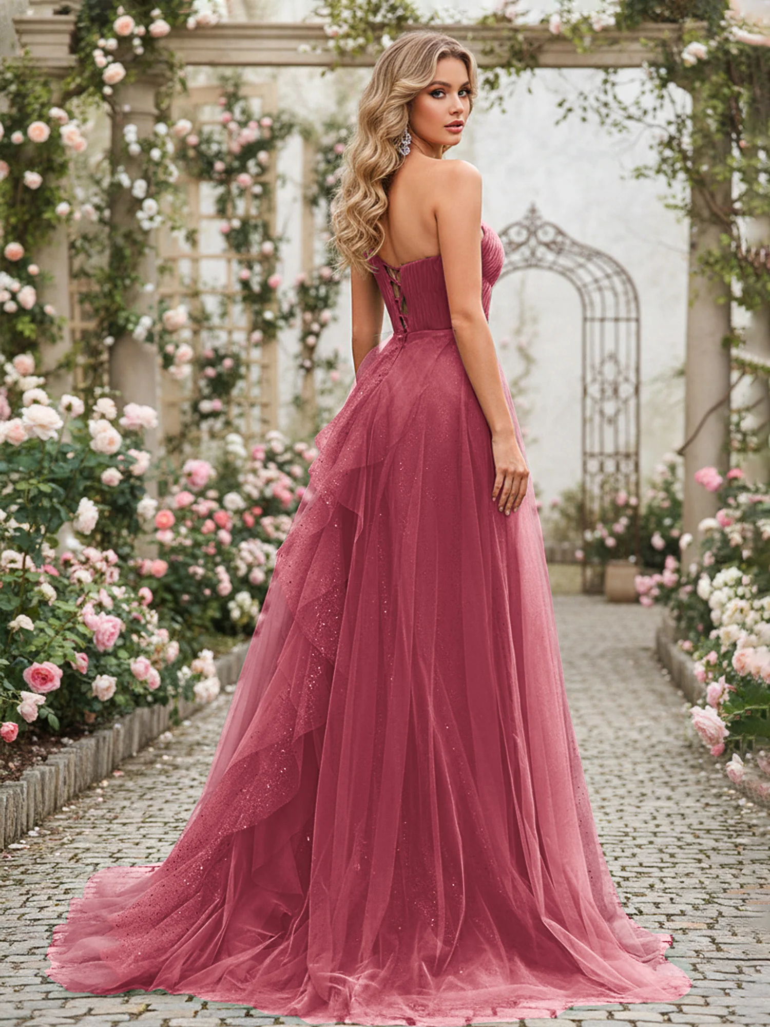 Sparkling Tulle A-Line Gown with Cascading Ruffles Cinnamon Rose - Image 2