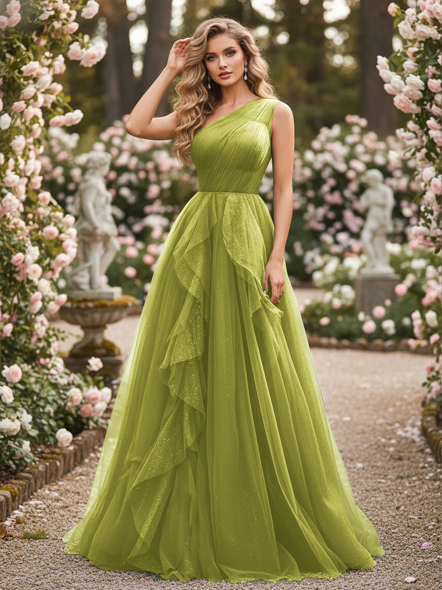 Sparkling Tulle A-Line Gown with Cascading Ruffles Clover