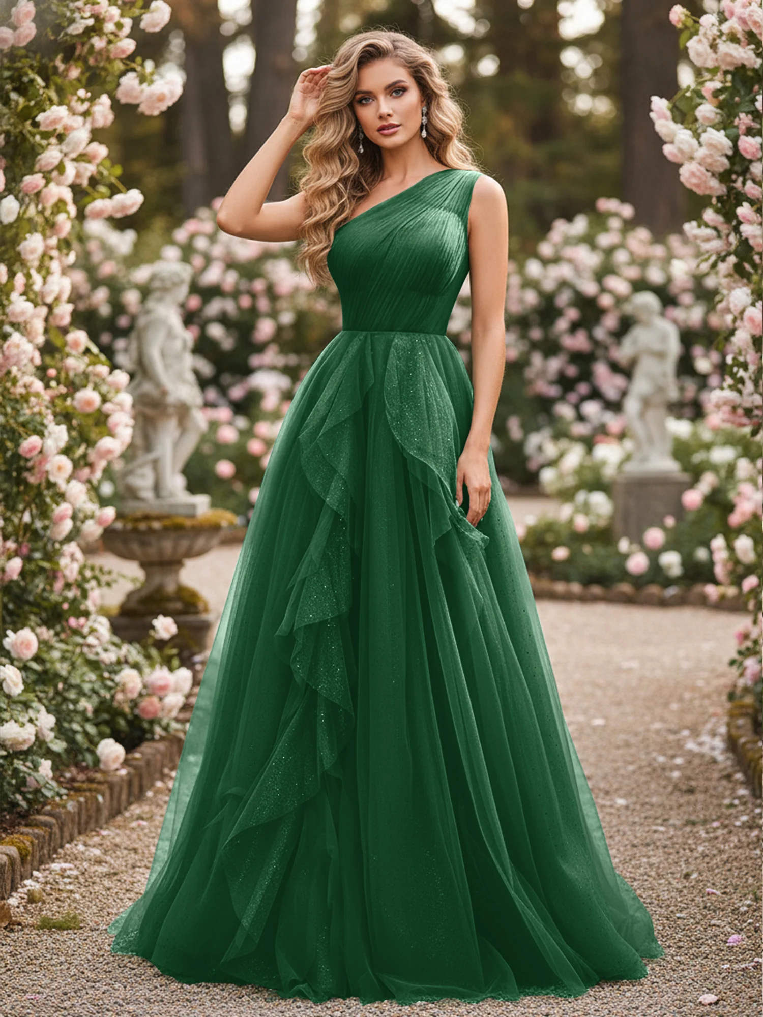 Sparkling Tulle A-Line Gown with Cascading Ruffles Dark Green