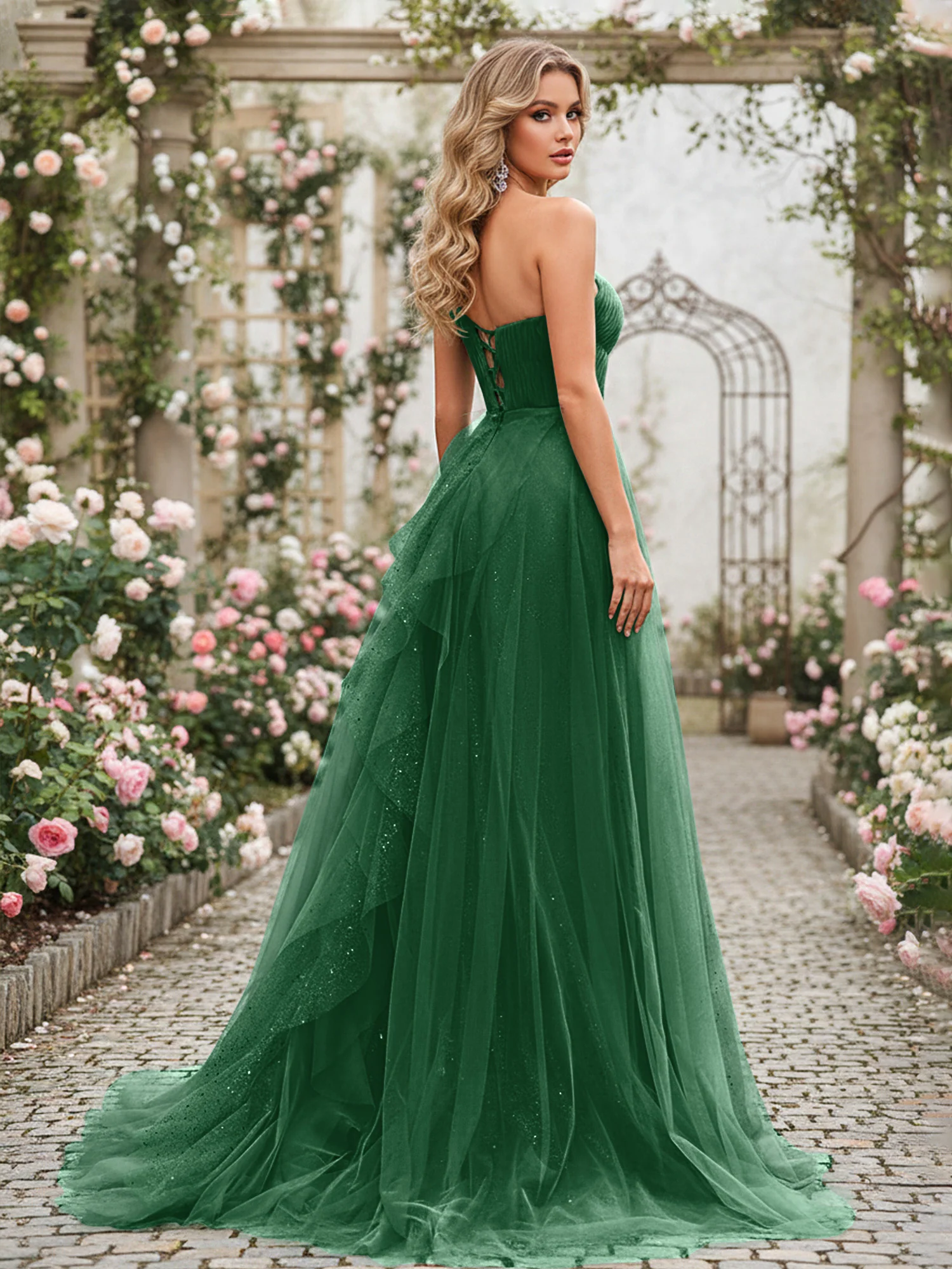 Sparkling Tulle A-Line Gown with Cascading Ruffles Dark Green - Image 2