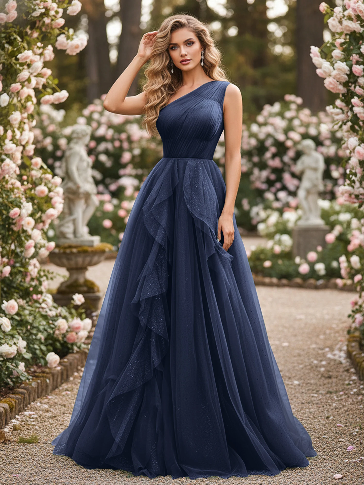 Sparkling Tulle A-Line Gown with Cascading Ruffles Dark Navy