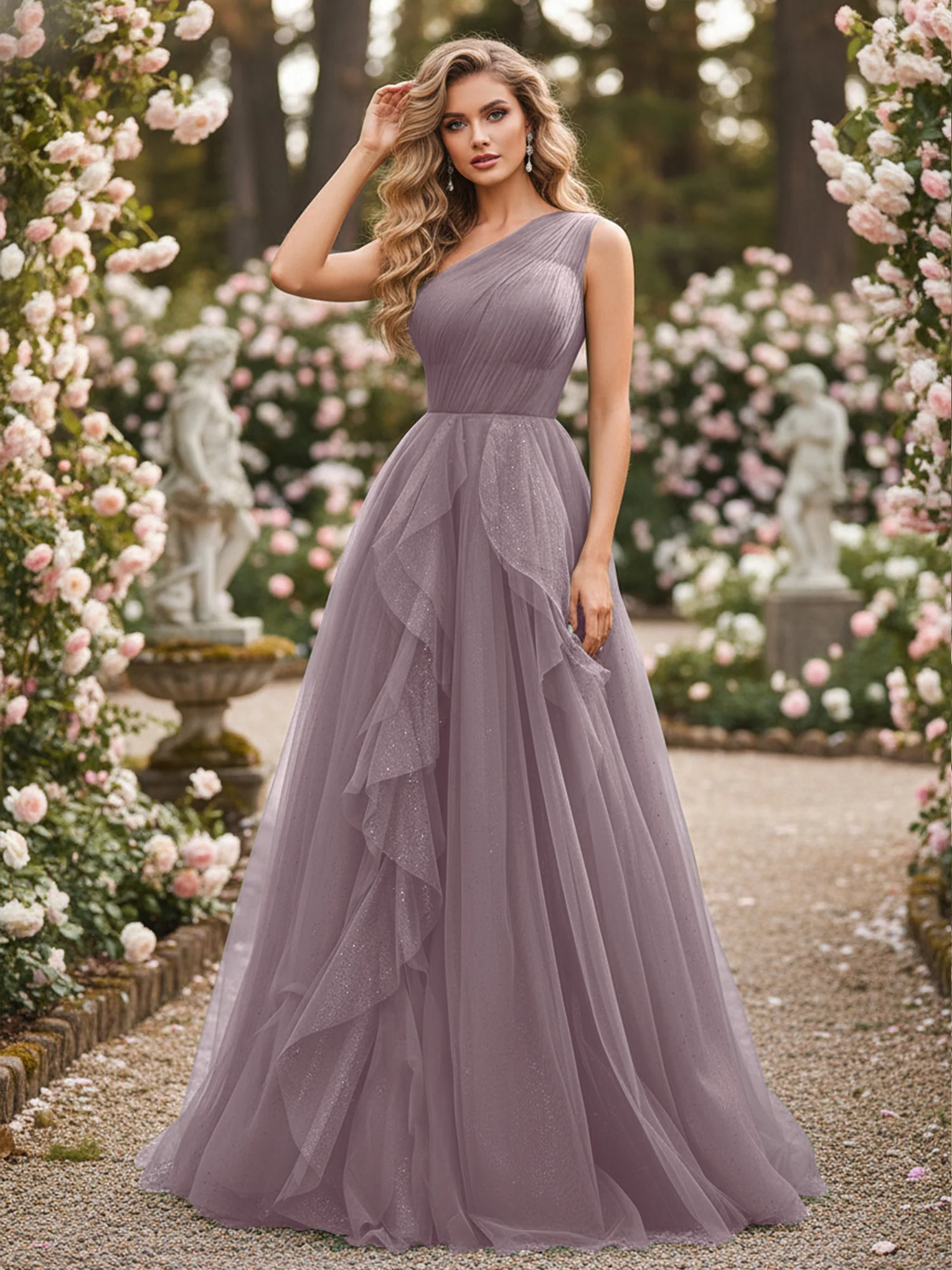Sparkling Tulle A-Line Gown with Cascading Ruffles Dusk