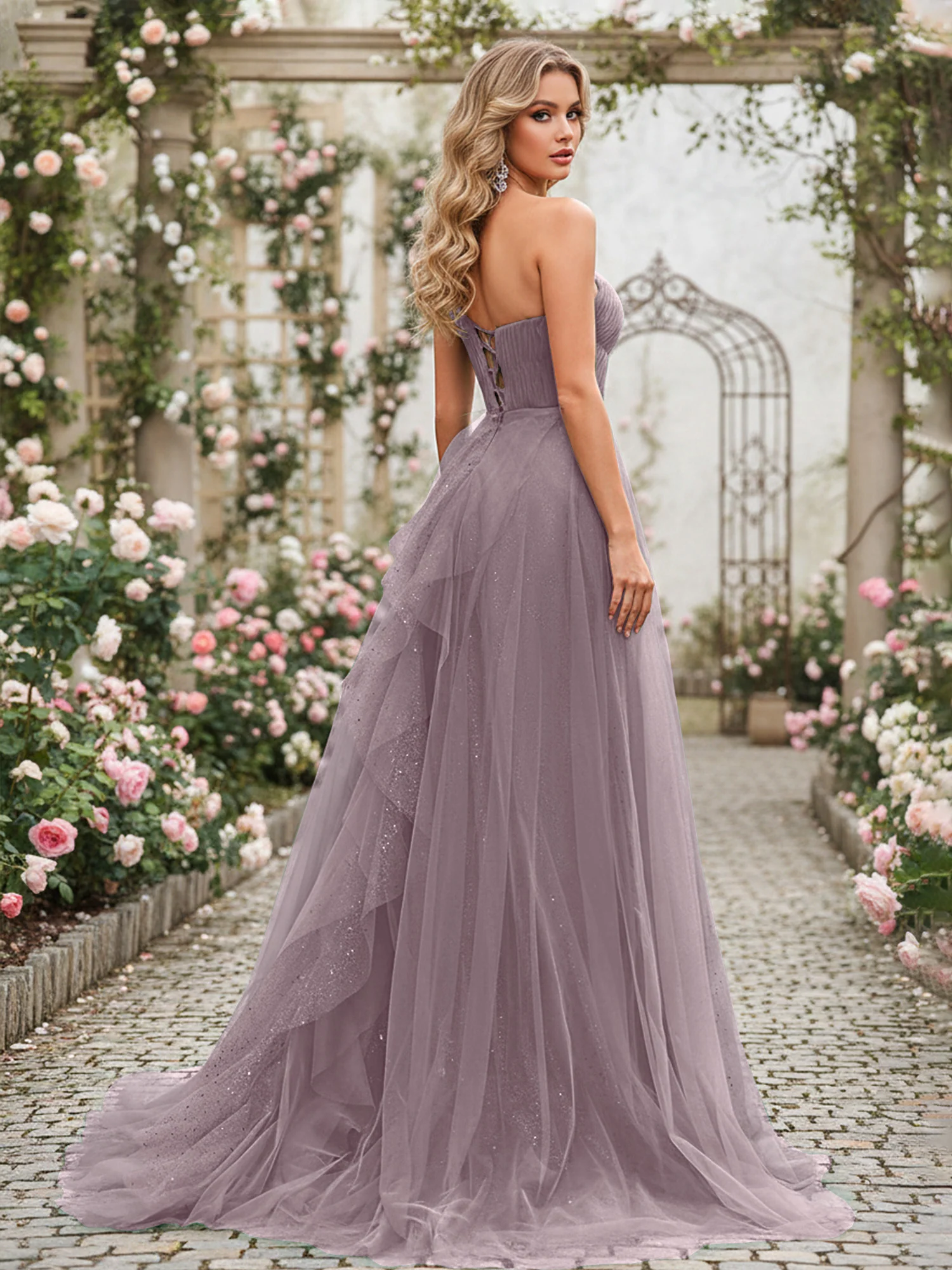Sparkling Tulle A-Line Gown with Cascading Ruffles Dusk - Image 2