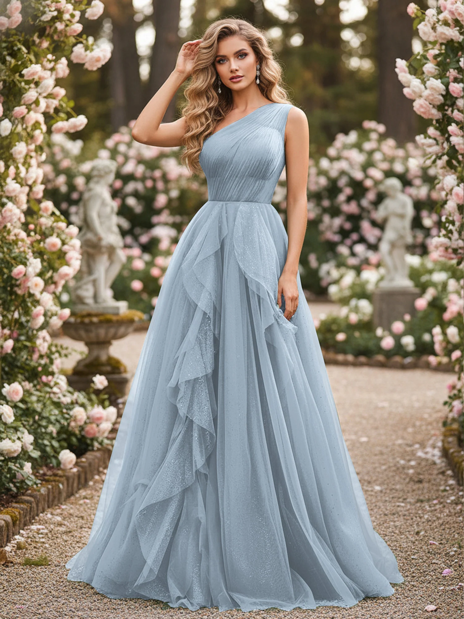 Sparkling Tulle A-Line Gown with Cascading Ruffles Dusty Blue