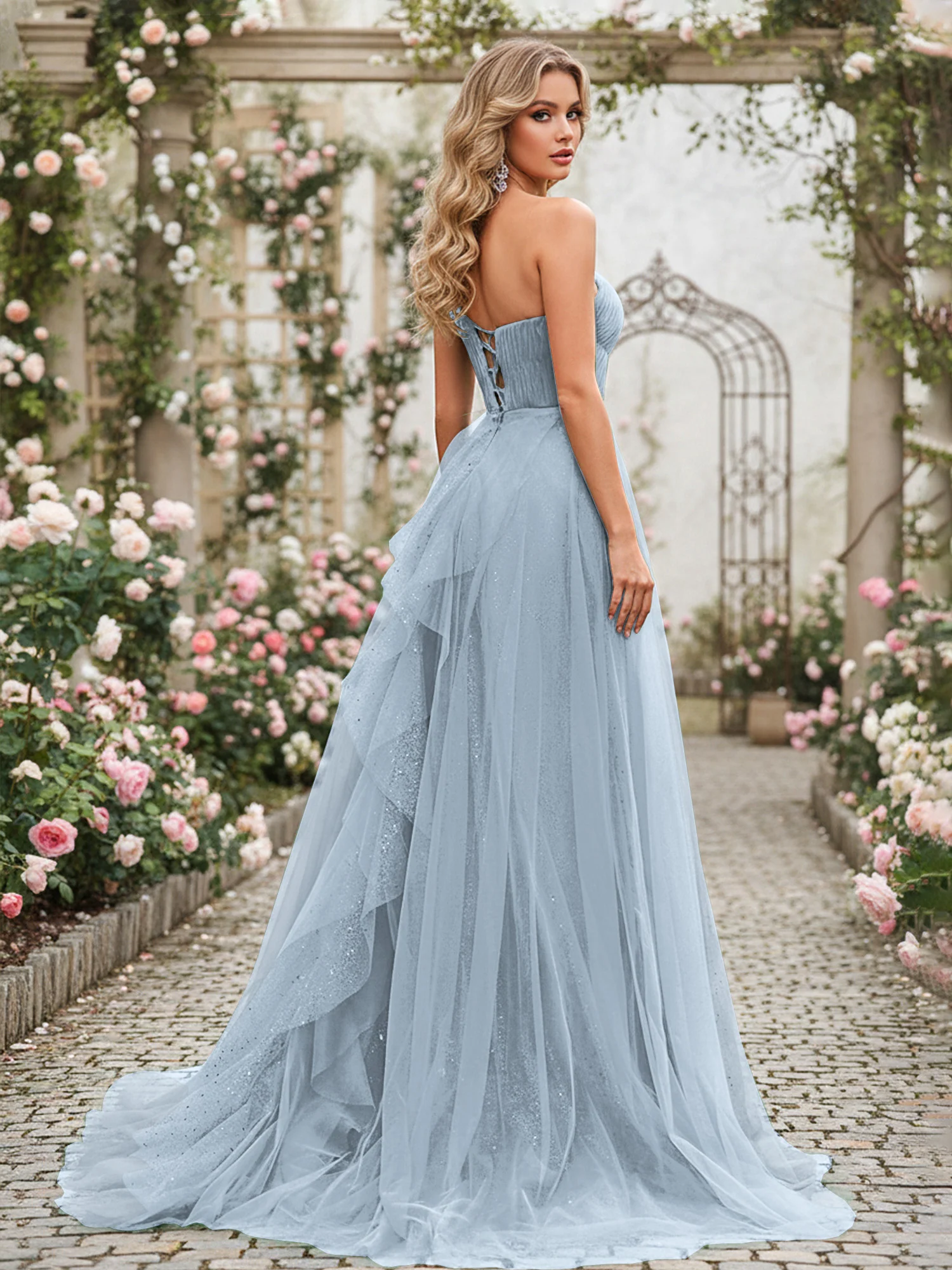 Sparkling Tulle A-Line Gown with Cascading Ruffles Dusty Blue - Image 2