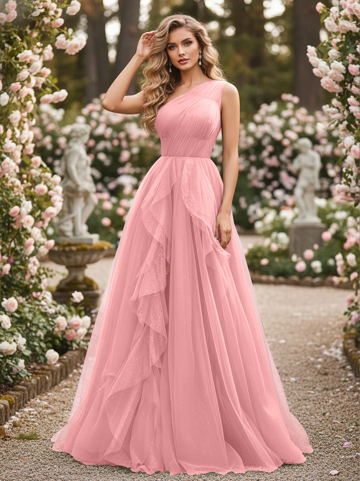 Sparkling Tulle A-Line Gown with Cascading Ruffles Flamingo