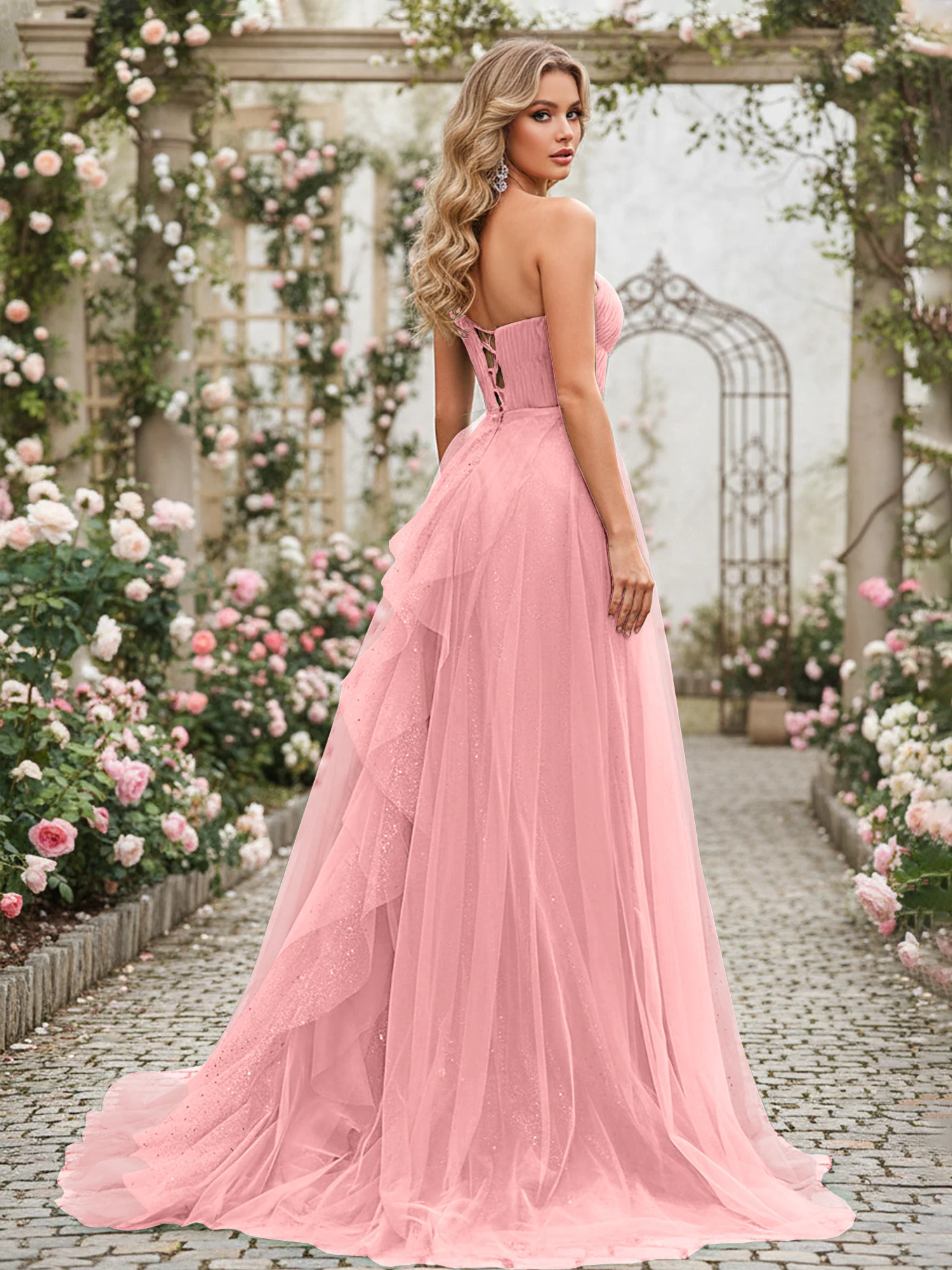 Sparkling Tulle A-Line Gown with Cascading Ruffles Flamingo - Image 2