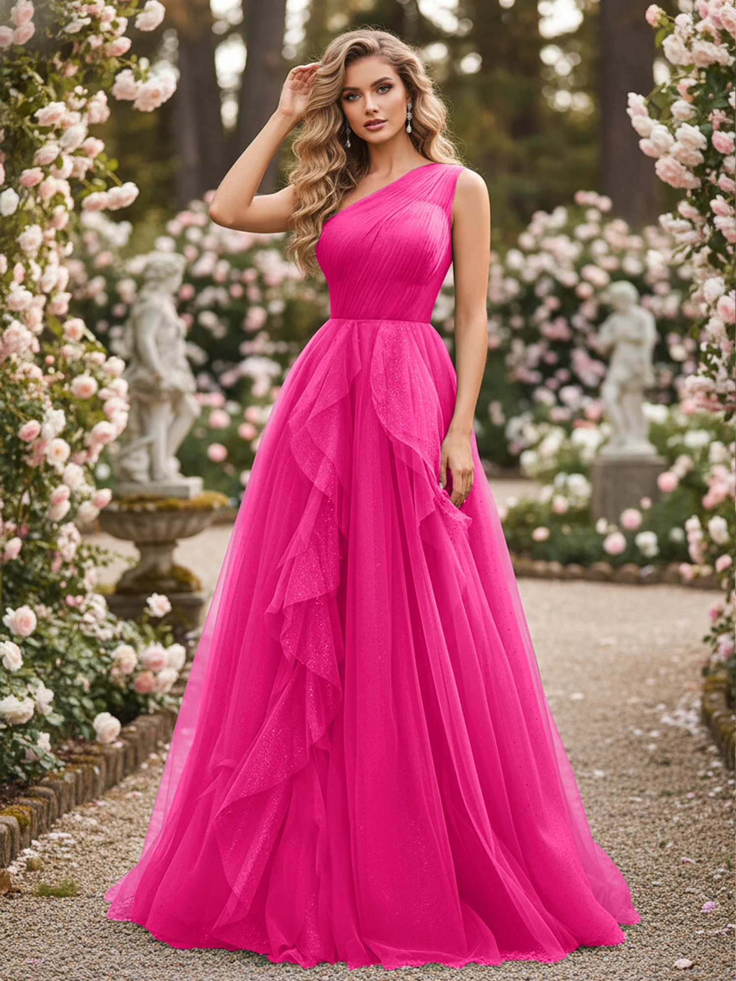 Sparkling Tulle A-Line Gown with Cascading Ruffles Fuchsia