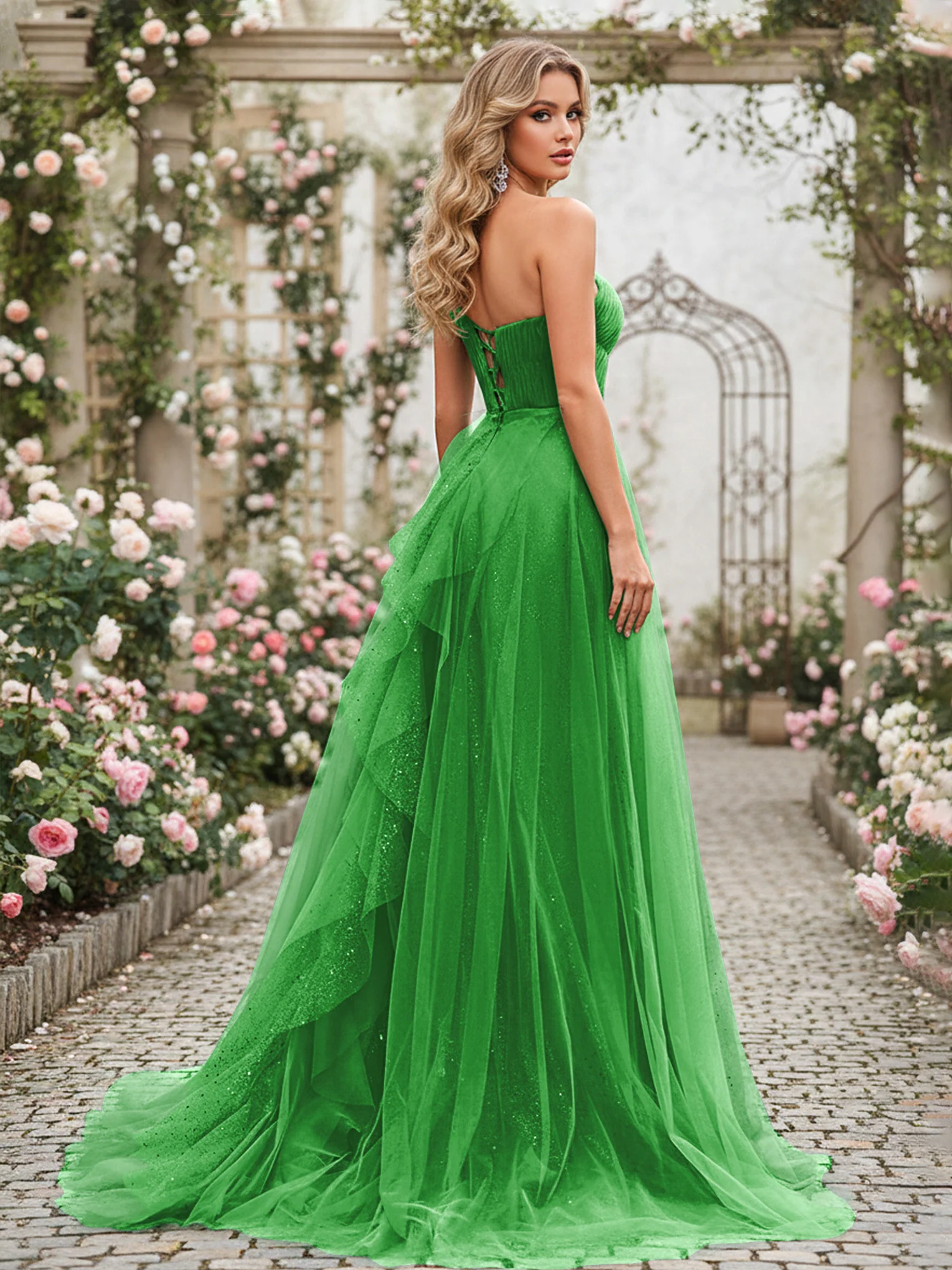 Sparkling Tulle A-Line Gown with Cascading Ruffles Green - Image 2