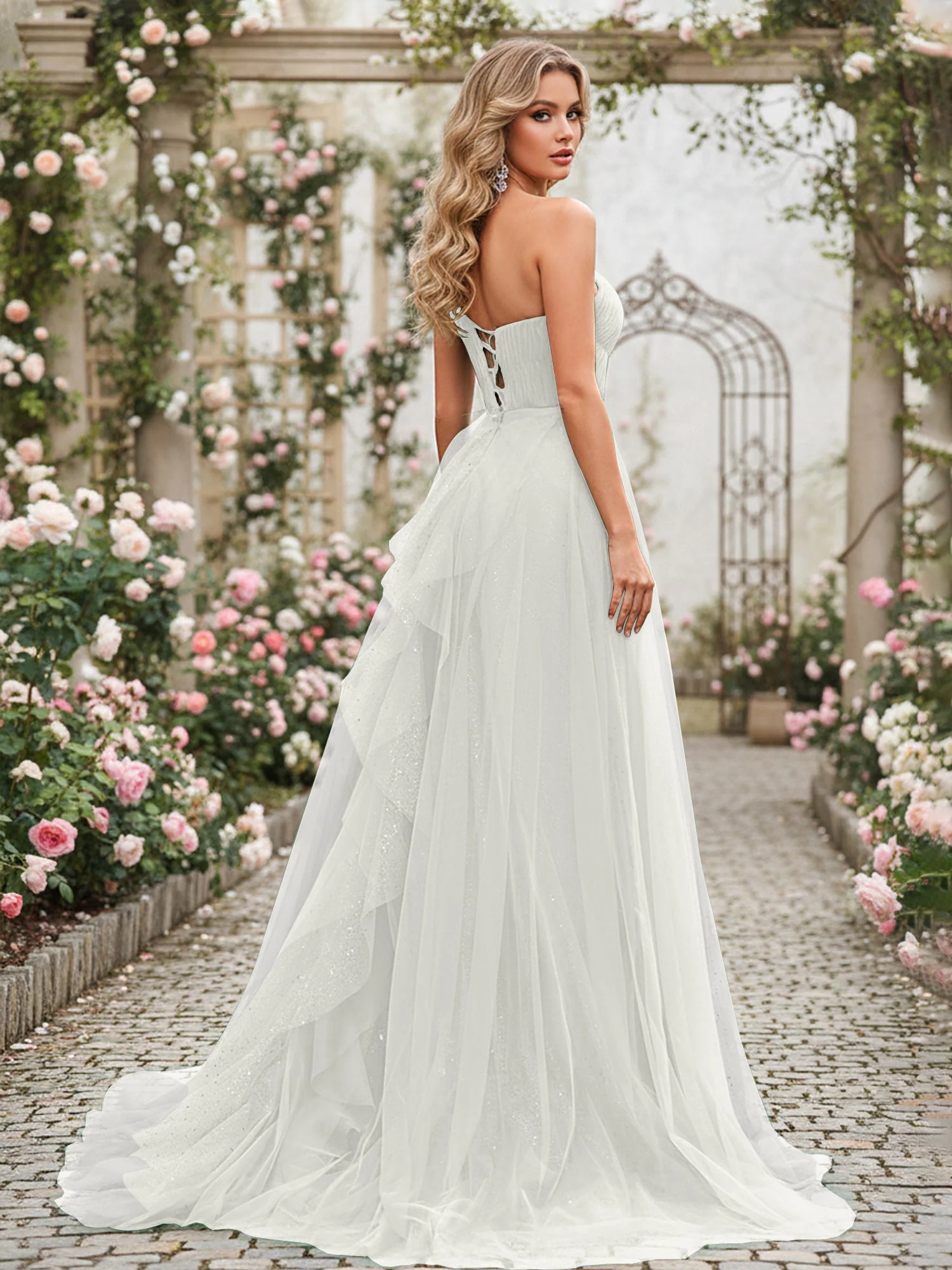 Sparkling Tulle A-Line Gown with Cascading Ruffles Ivory - Image 2
