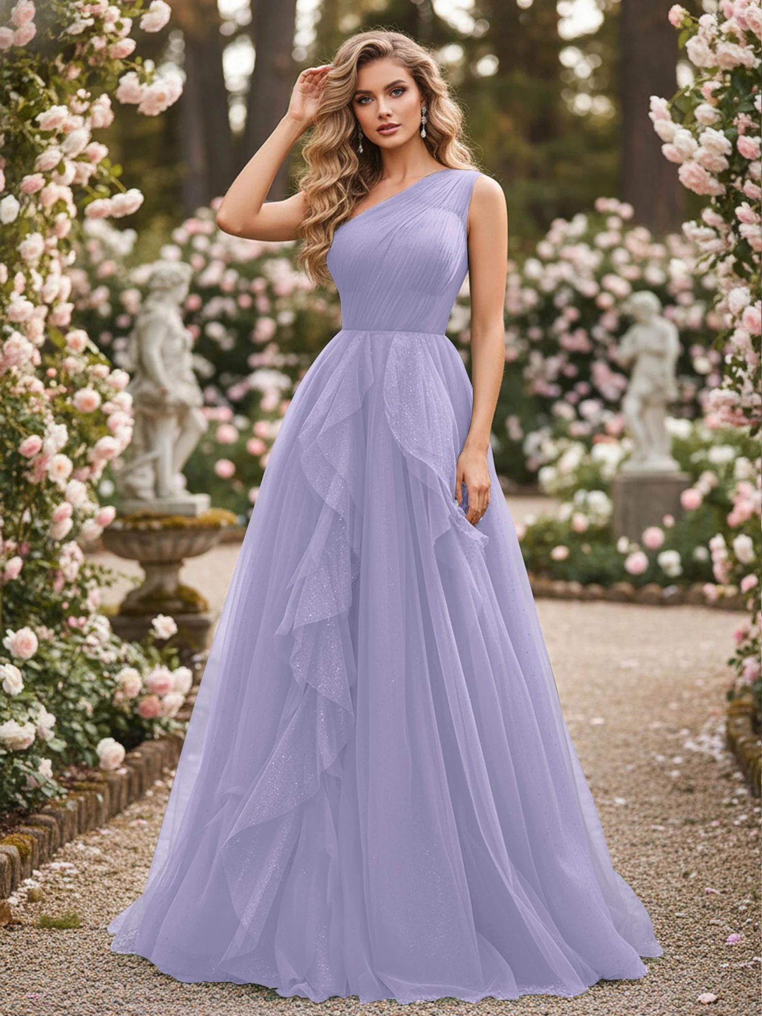 Sparkling Tulle A-Line Gown with Cascading Ruffles Lavender