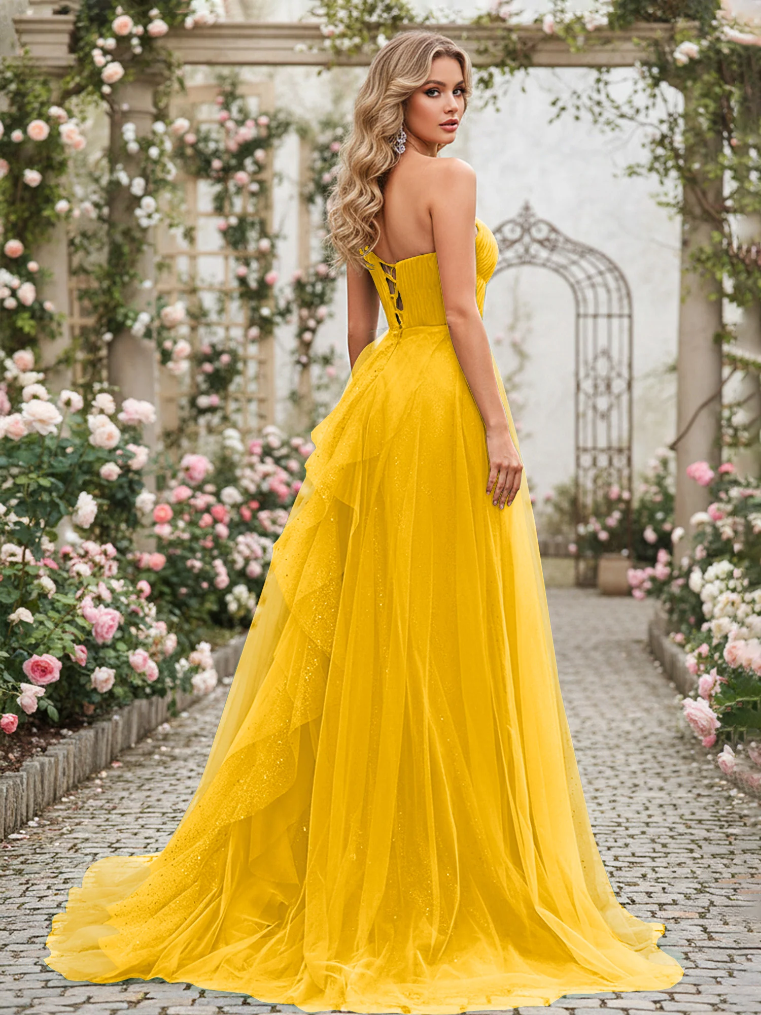Sparkling Tulle A-Line Gown with Cascading Ruffles Marigold - Image 2