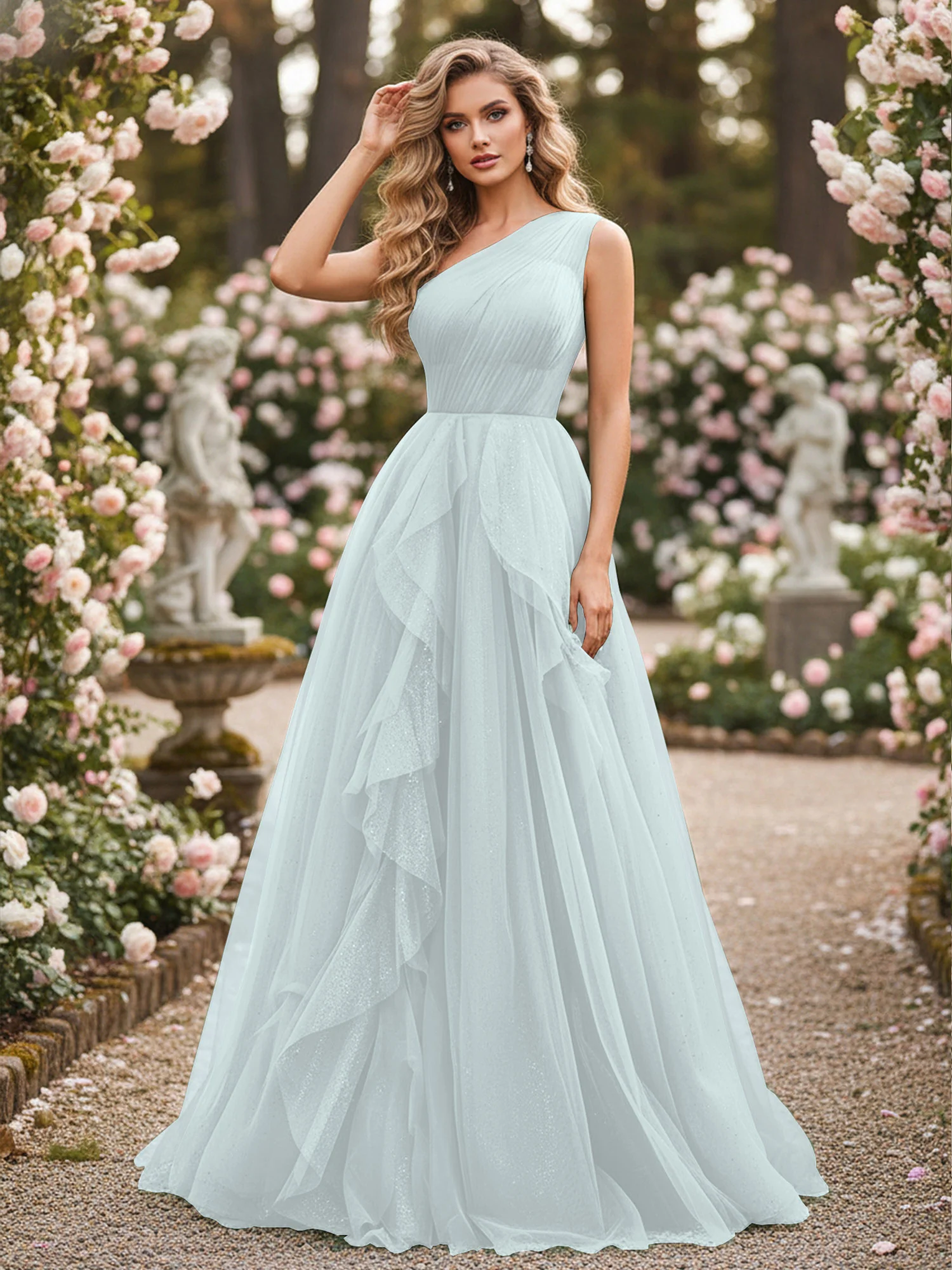 Sparkling Tulle A-Line Gown with Cascading Ruffles Mist