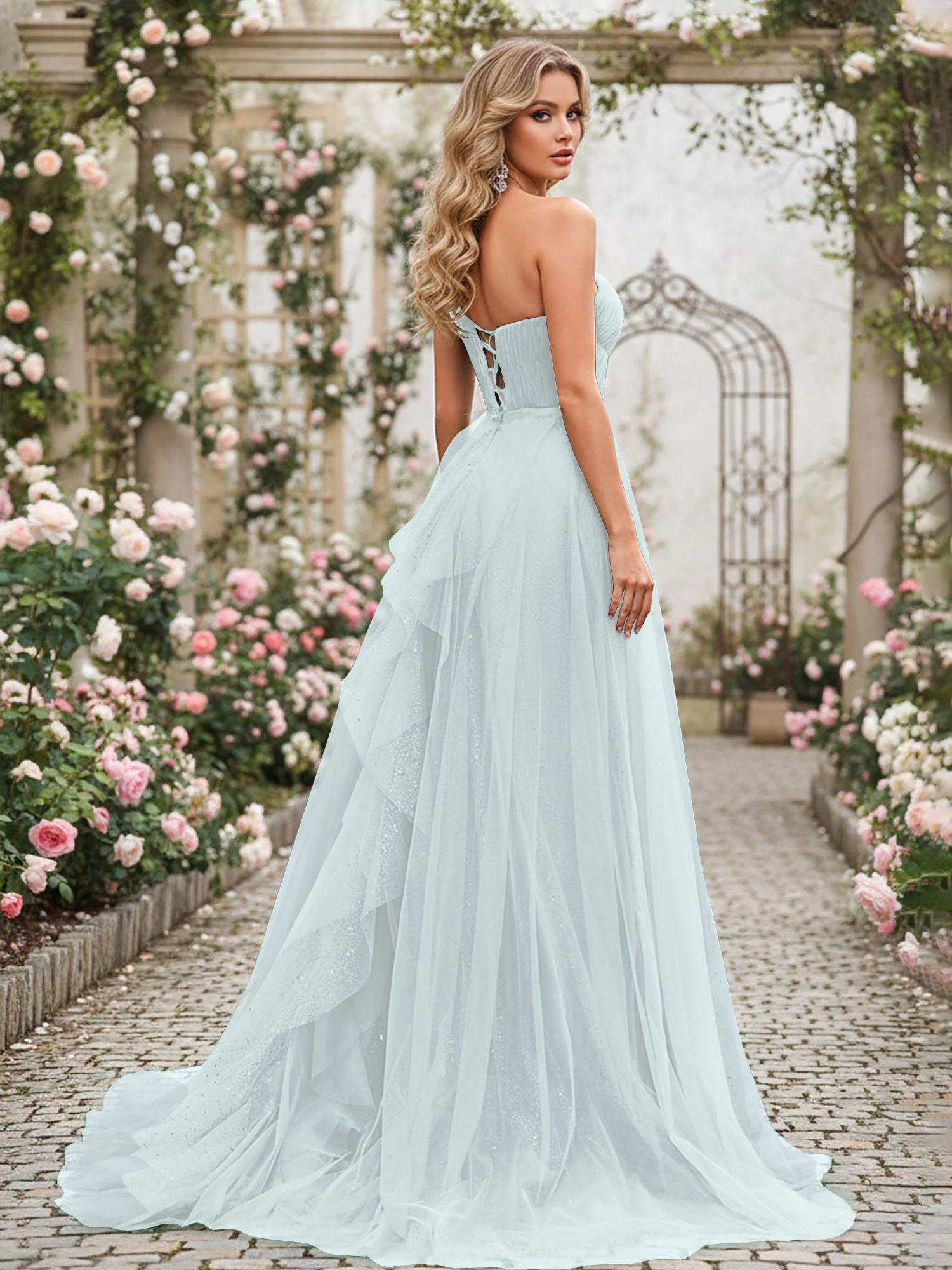 Sparkling Tulle A-Line Gown with Cascading Ruffles Mist - Image 2