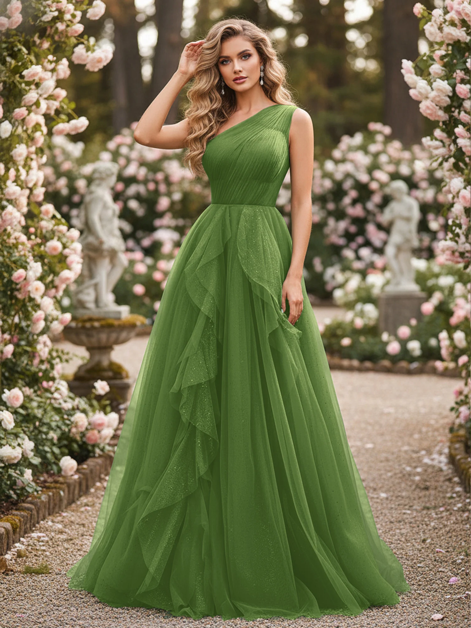 Sparkling Tulle A-Line Gown with Cascading Ruffles Moss