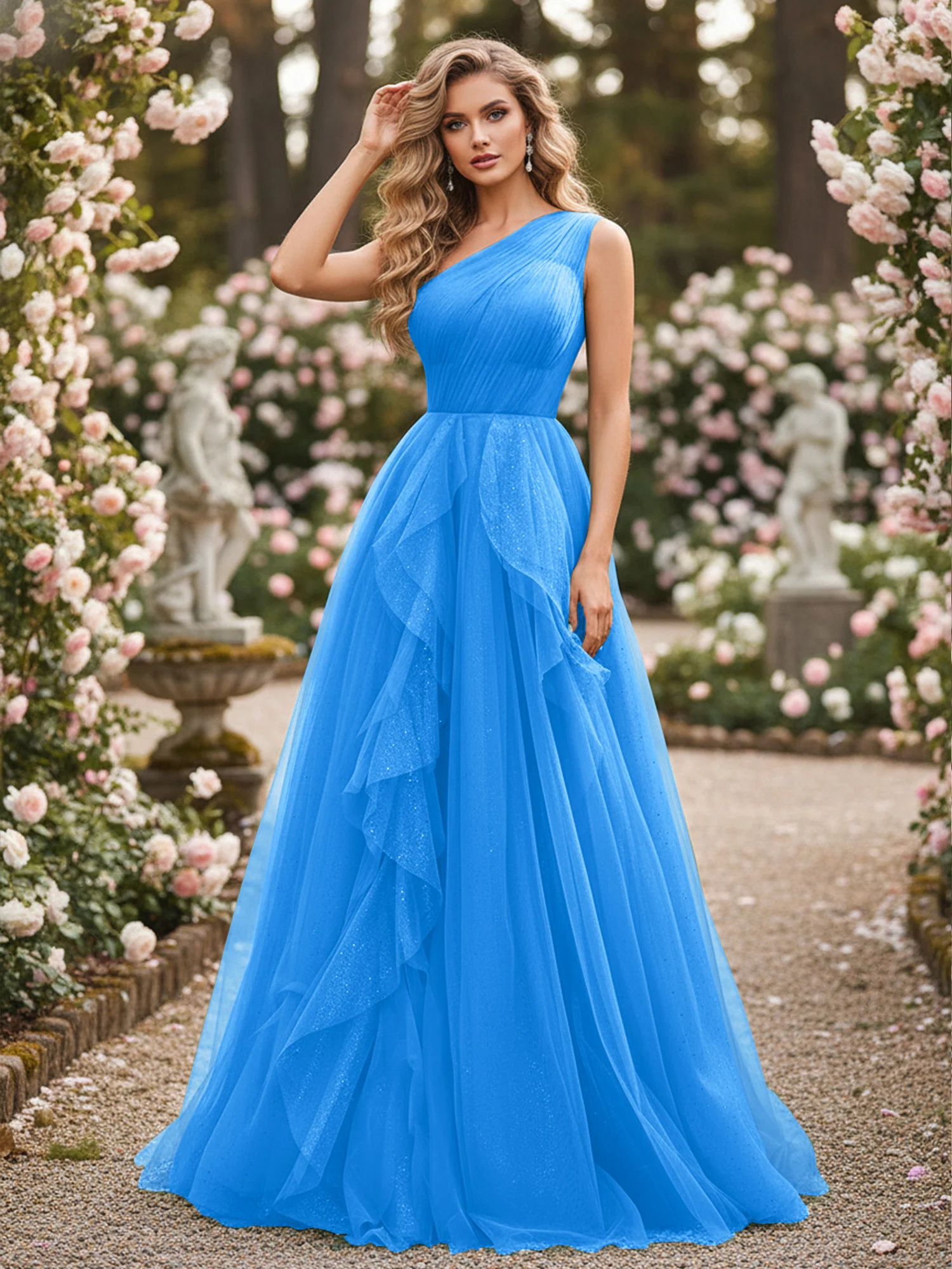 Sparkling Tulle A-Line Gown with Cascading Ruffles Ocean Blue