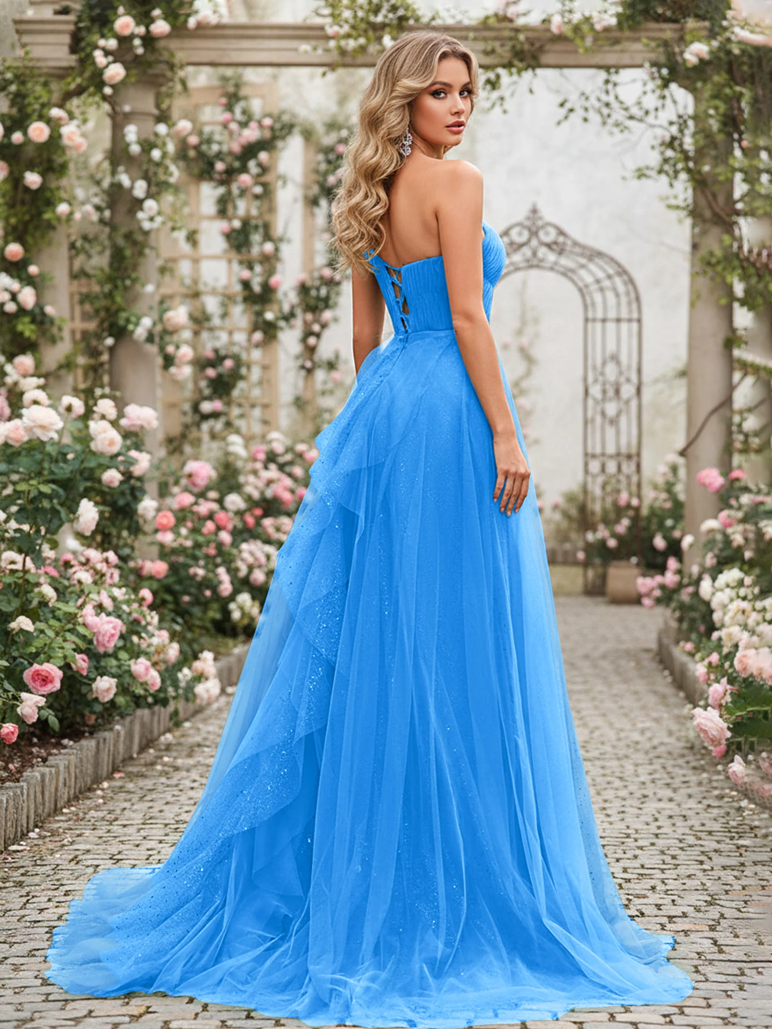 Sparkling Tulle A-Line Gown with Cascading Ruffles Ocean Blue - Image 2