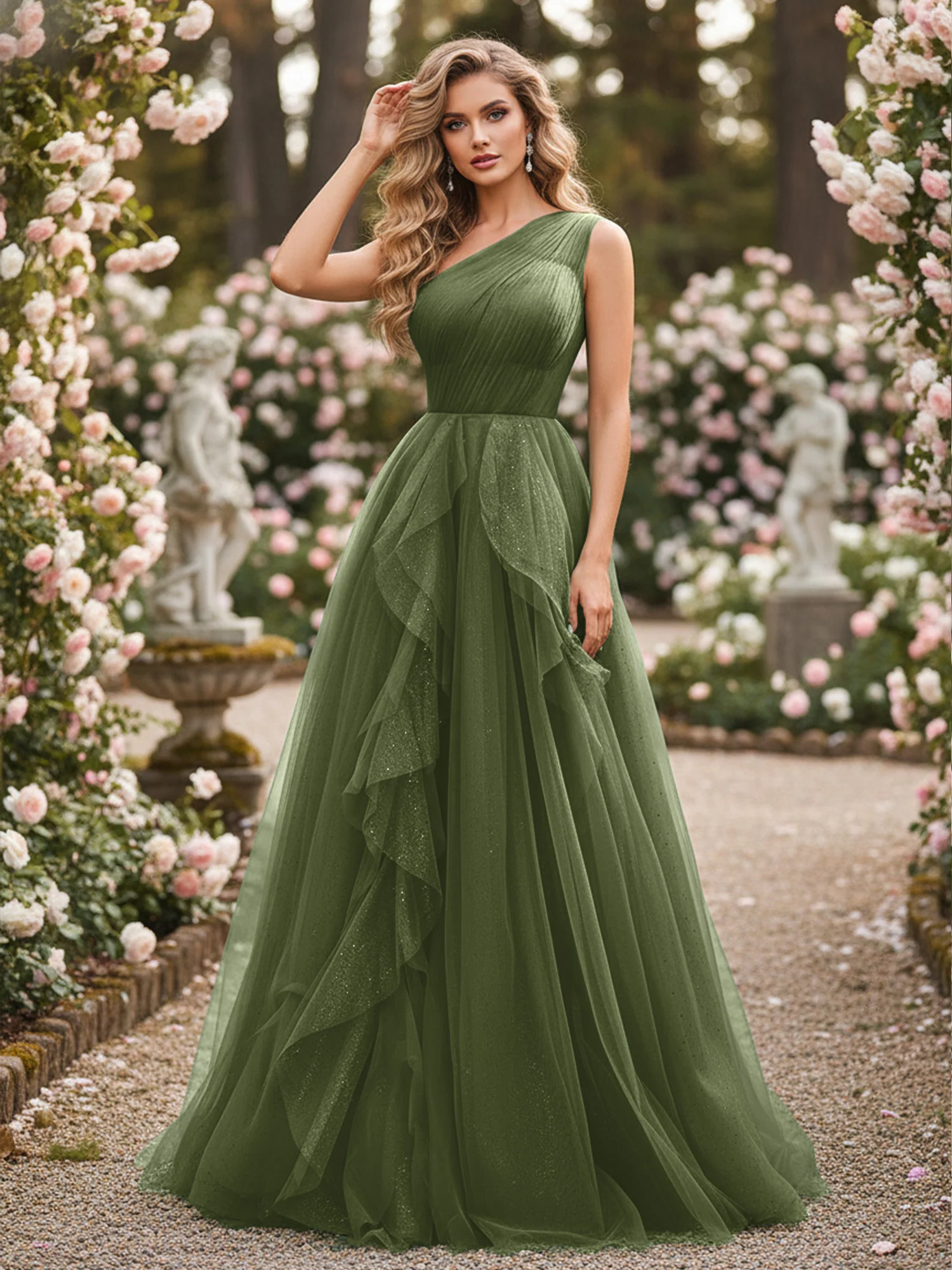 Sparkling Tulle A-Line Gown with Cascading Ruffles Olive Green