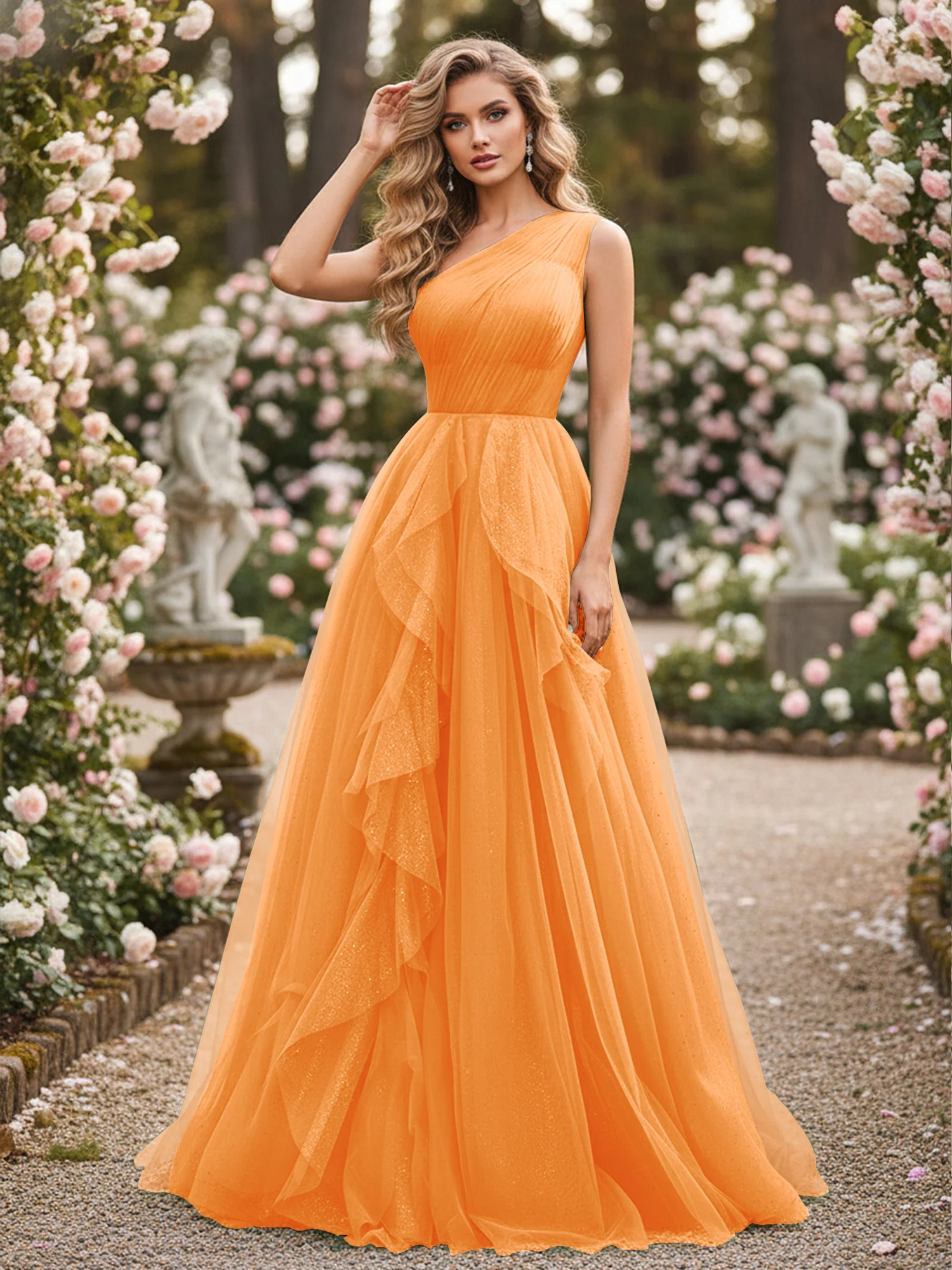Sparkling Tulle A-Line Gown with Cascading Ruffles Orange