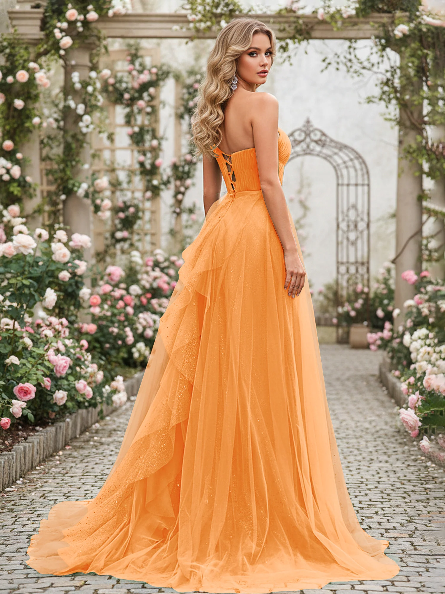 Sparkling Tulle A-Line Gown with Cascading Ruffles Orange - Image 2