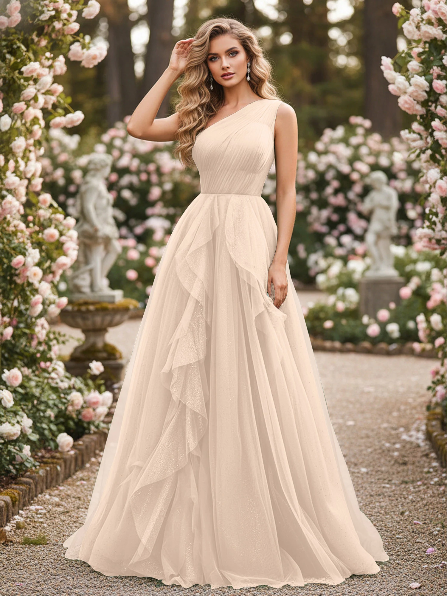 Sparkling Tulle A-Line Gown with Cascading Ruffles Peach