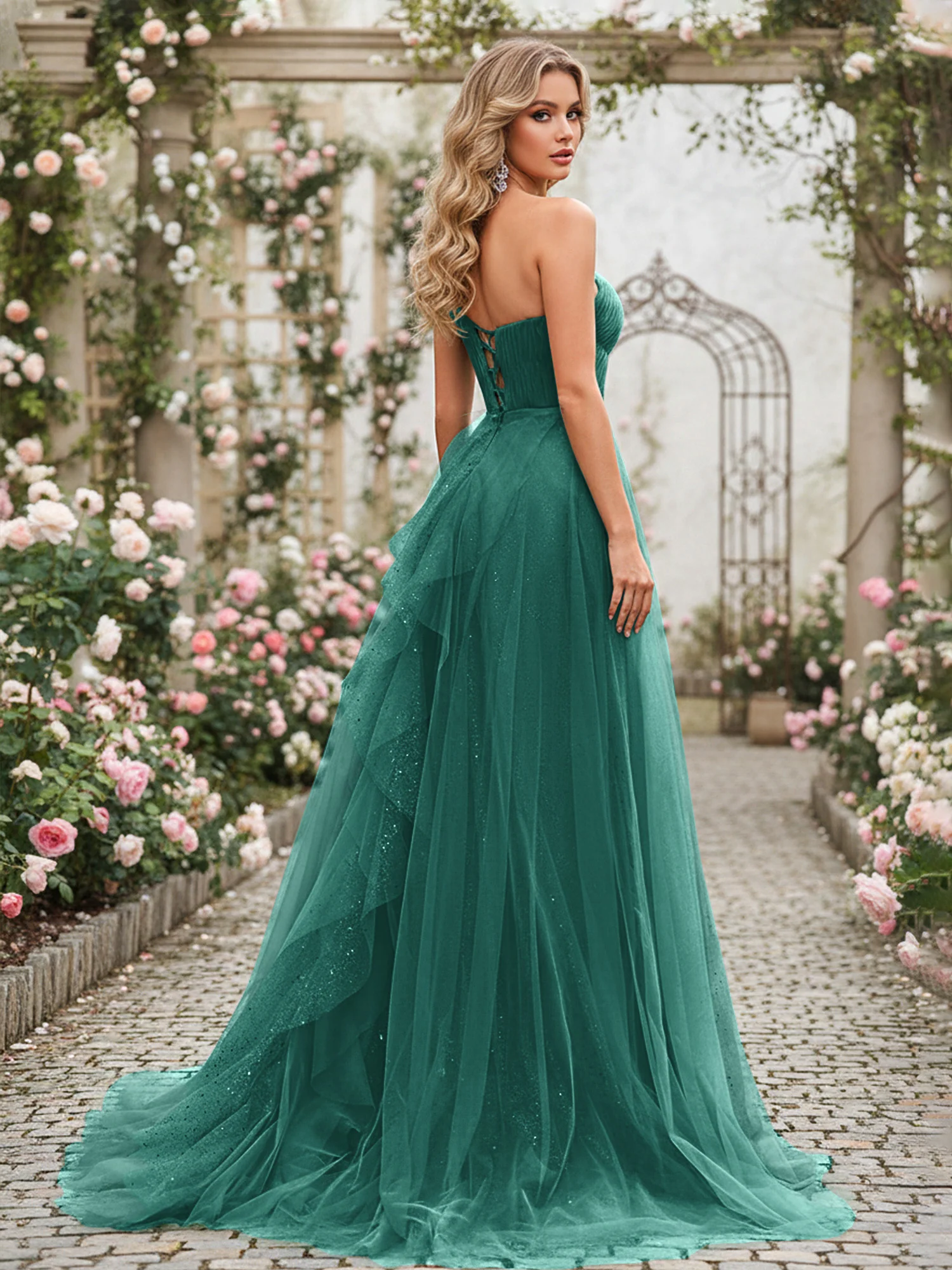 Sparkling Tulle A-Line Gown with Cascading Ruffles Peacock - Image 2