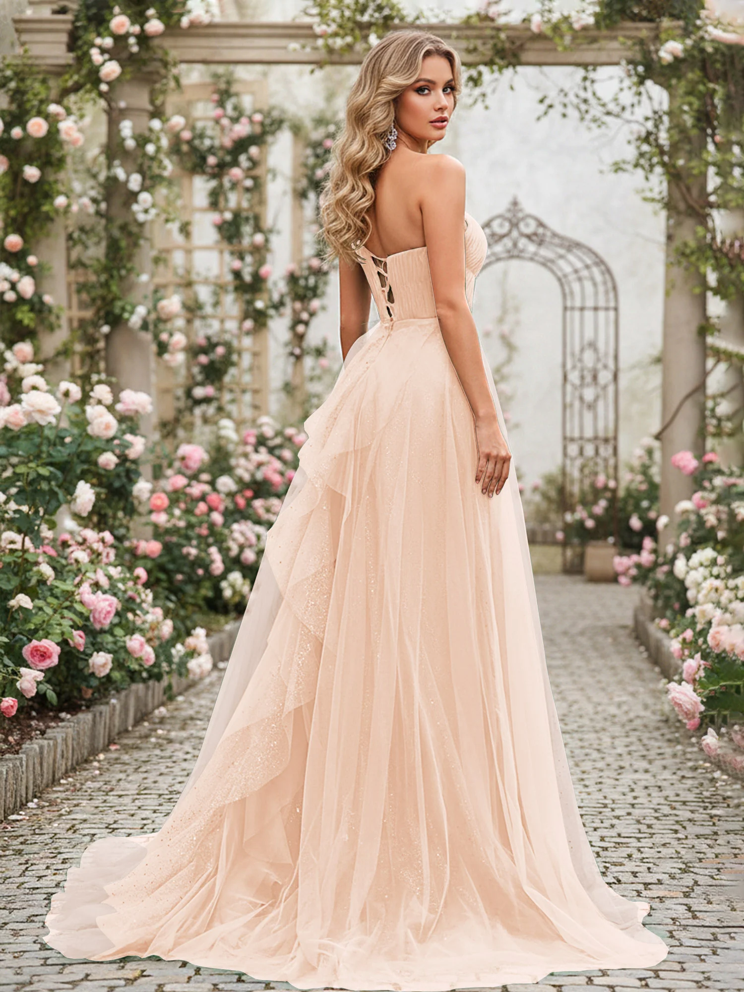 Sparkling Tulle A-Line Gown with Cascading Ruffles Pearl Pink - Image 2