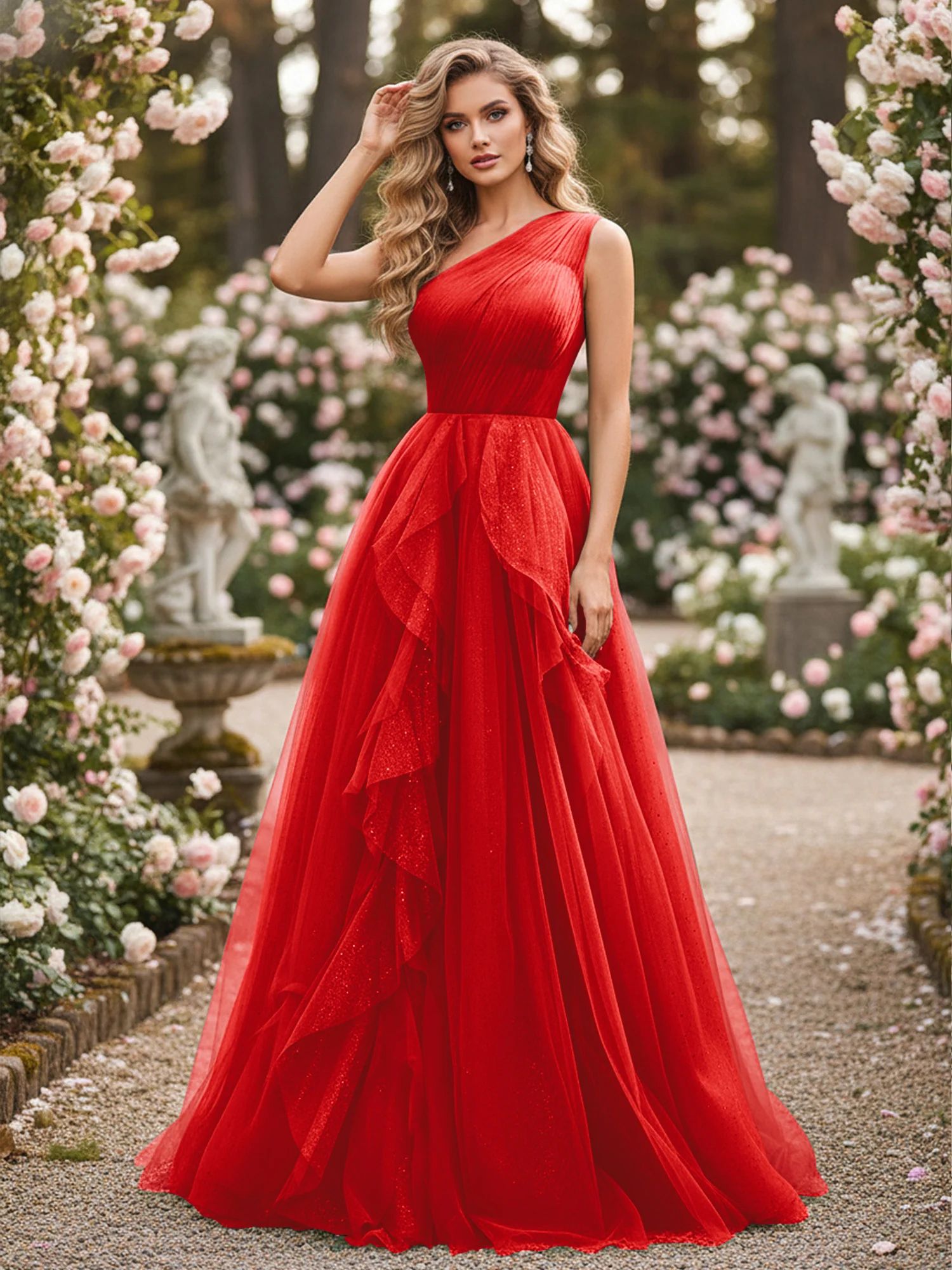 Sparkling Tulle A-Line Gown with Cascading Ruffles Red