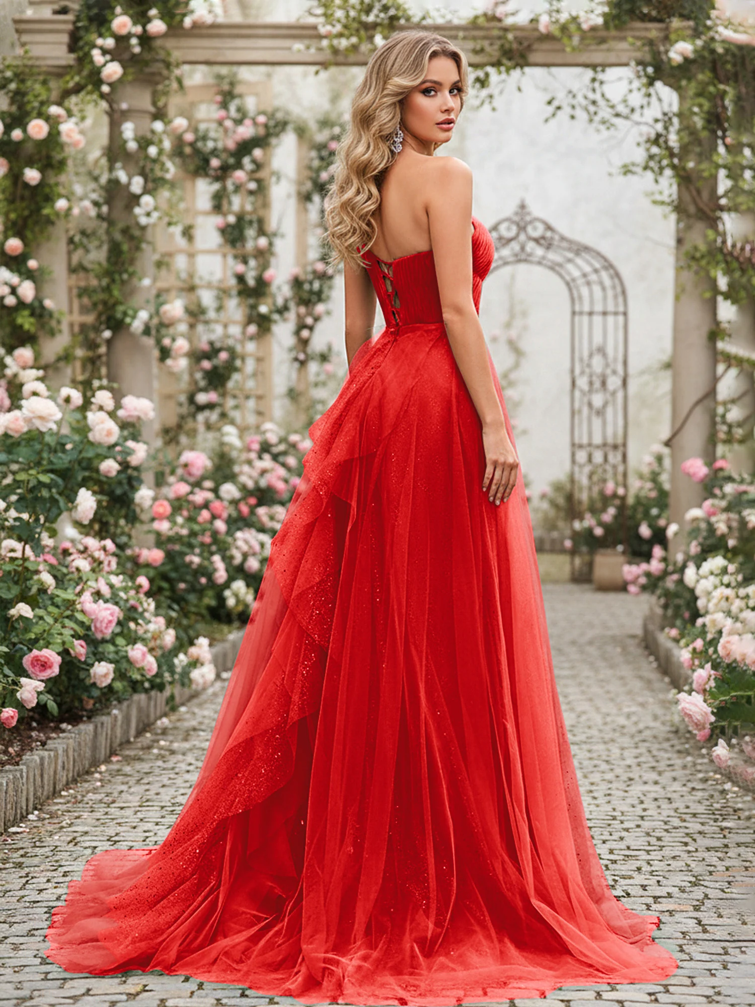 Sparkling Tulle A-Line Gown with Cascading Ruffles Red - Image 2