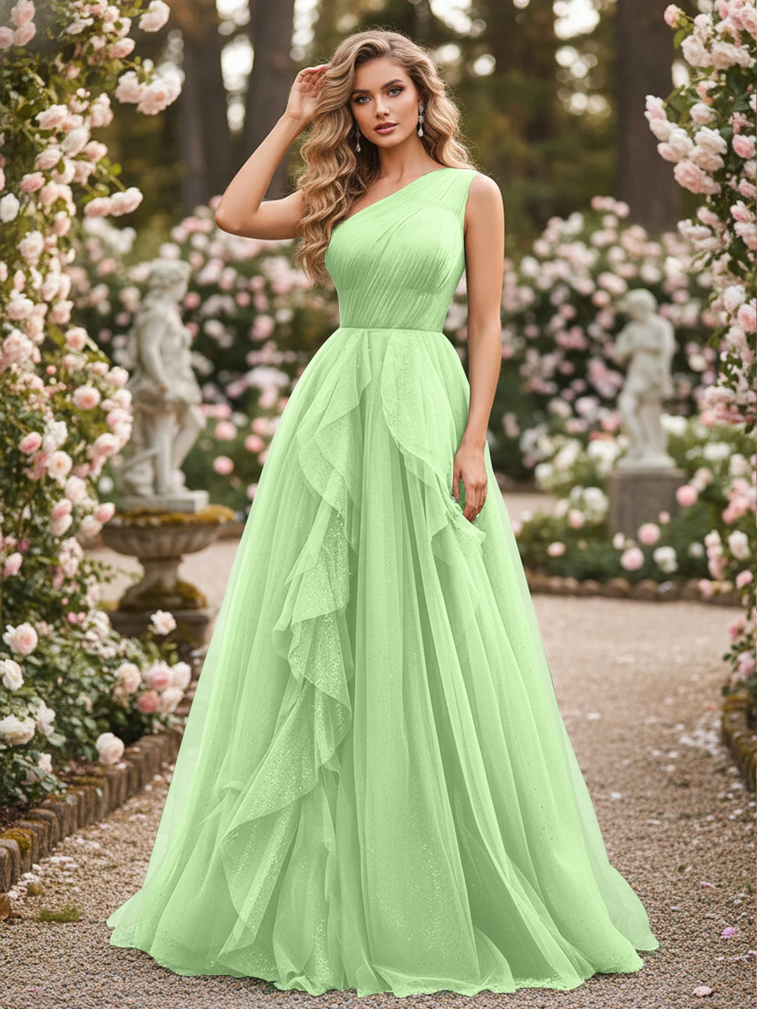 Sparkling Tulle A-Line Gown with Cascading Ruffles Sage