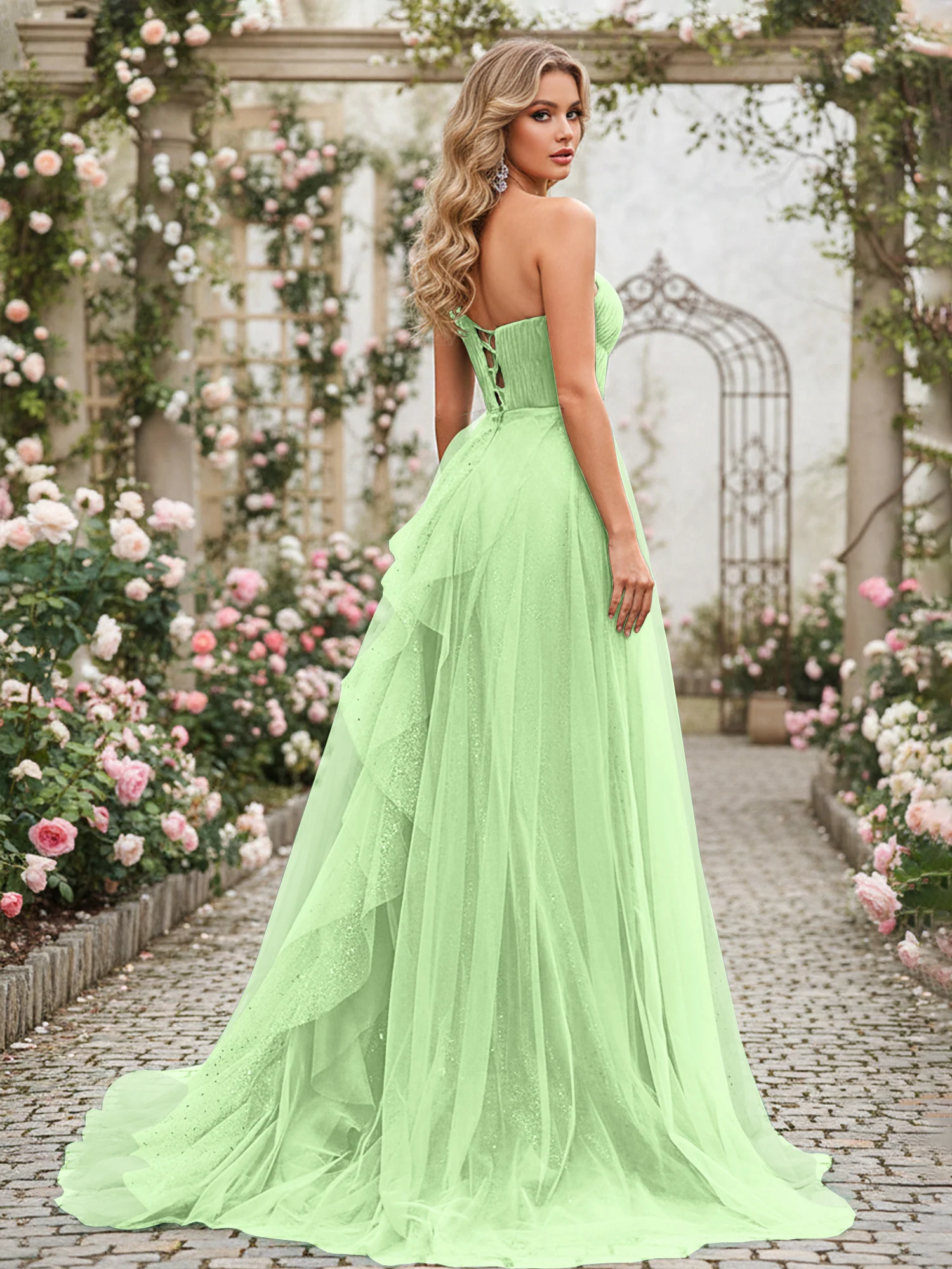 Sparkling Tulle A-Line Gown with Cascading Ruffles Sage - Image 2