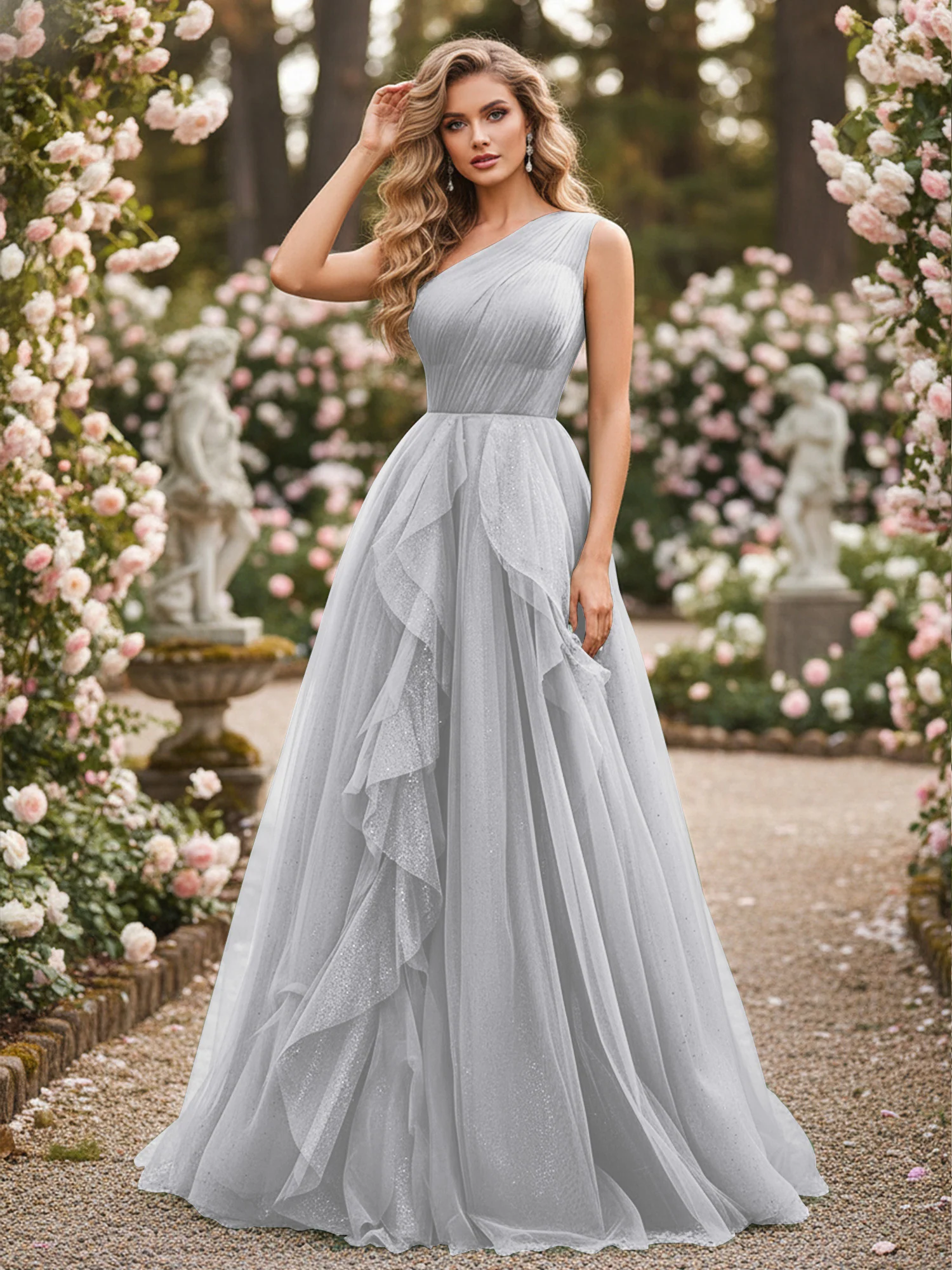 Sparkling Tulle A-Line Gown with Cascading Ruffles Silver