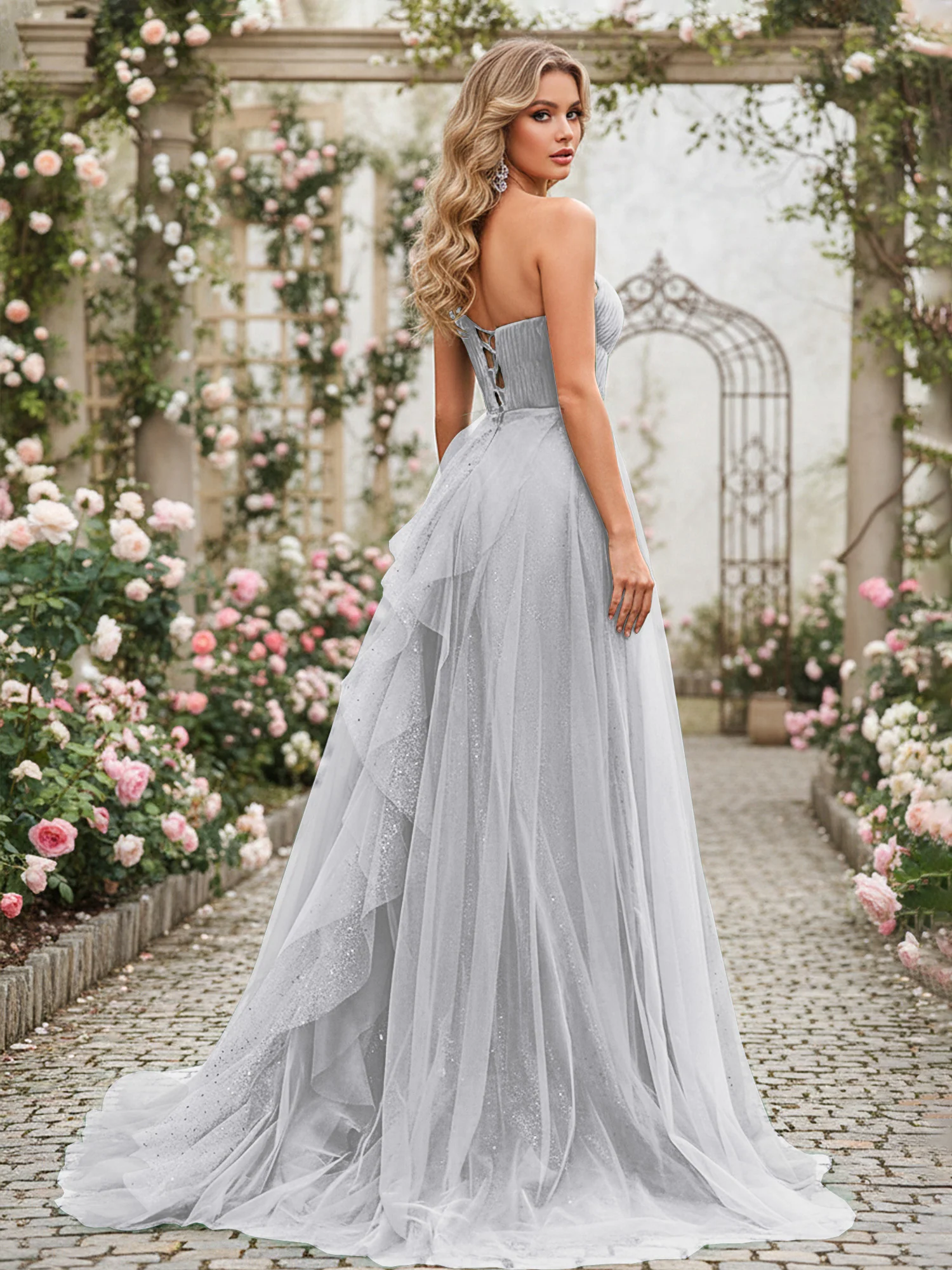 Sparkling Tulle A-Line Gown with Cascading Ruffles Silver - Image 2