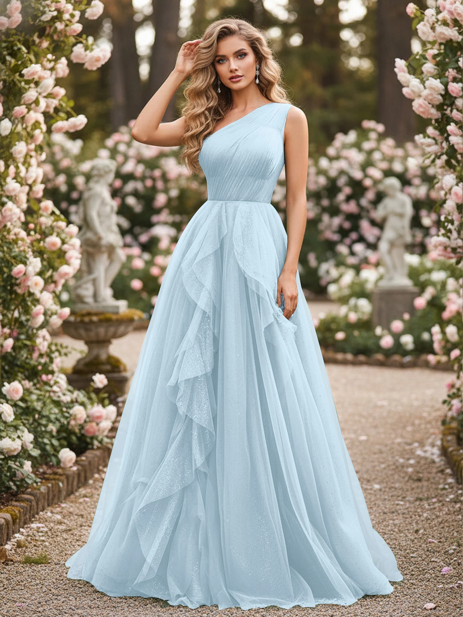 Sparkling Tulle A-Line Gown with Cascading Ruffles Sky Blue