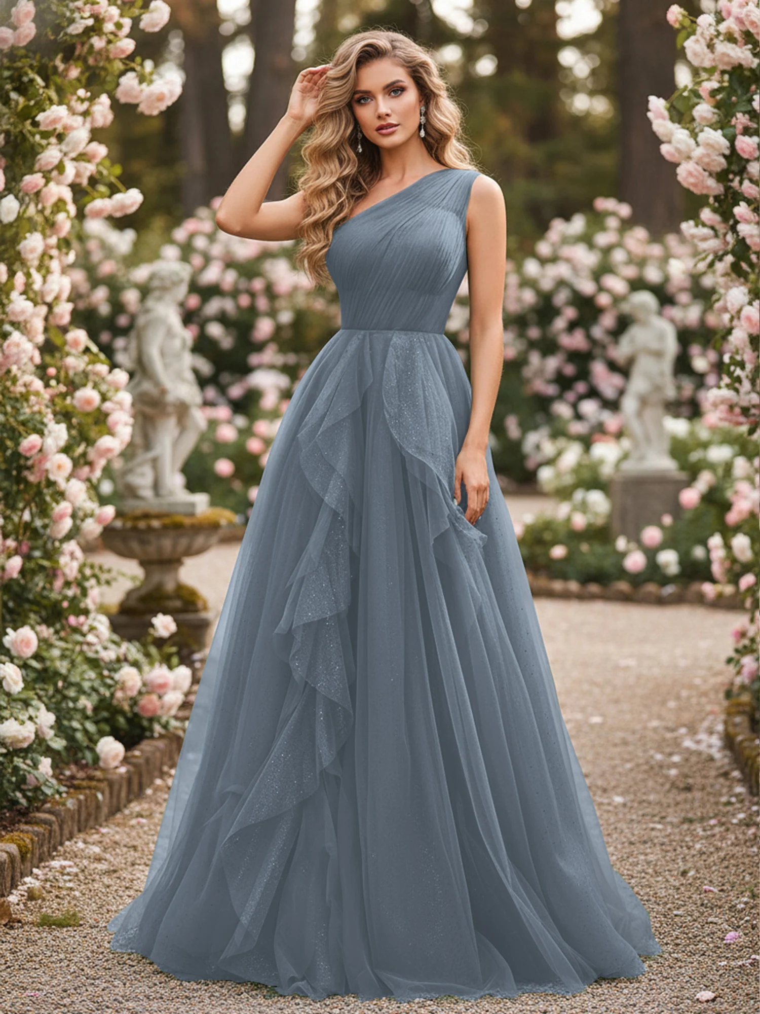 Sparkling Tulle A-Line Gown with Cascading Ruffles Slate Blue