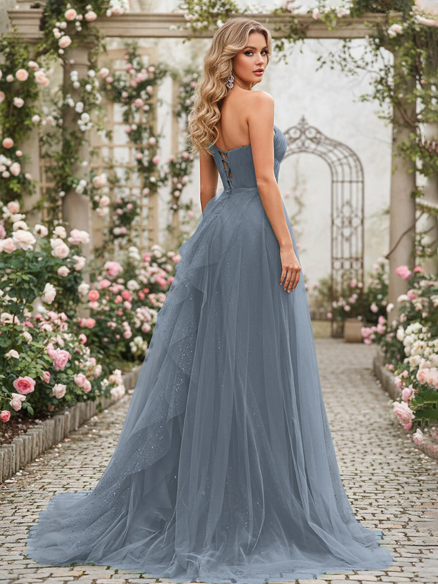 Sparkling Tulle A-Line Gown with Cascading Ruffles Slate Blue - Image 2