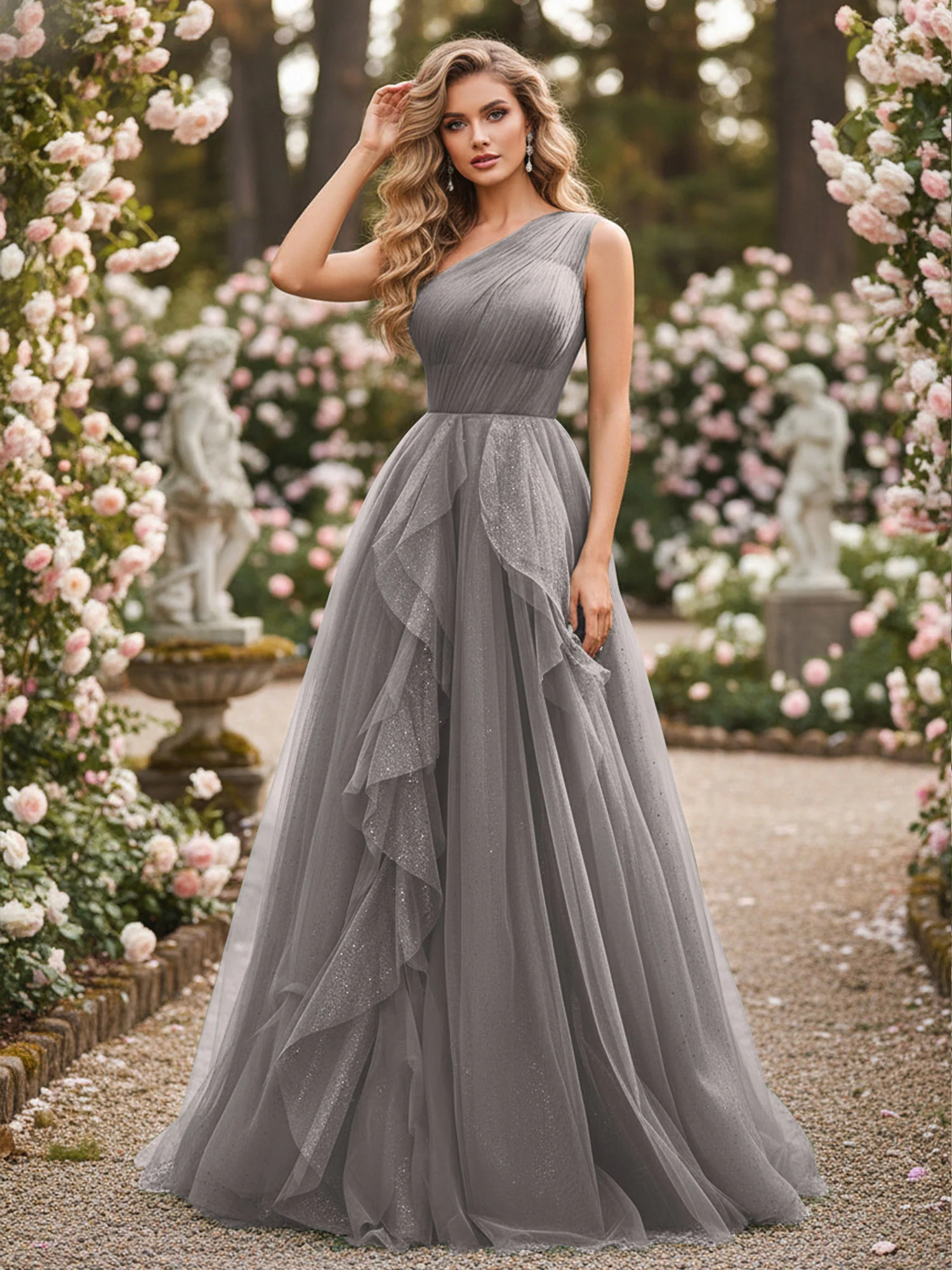 Sparkling Tulle A-Line Gown with Cascading Ruffles Steel Grey