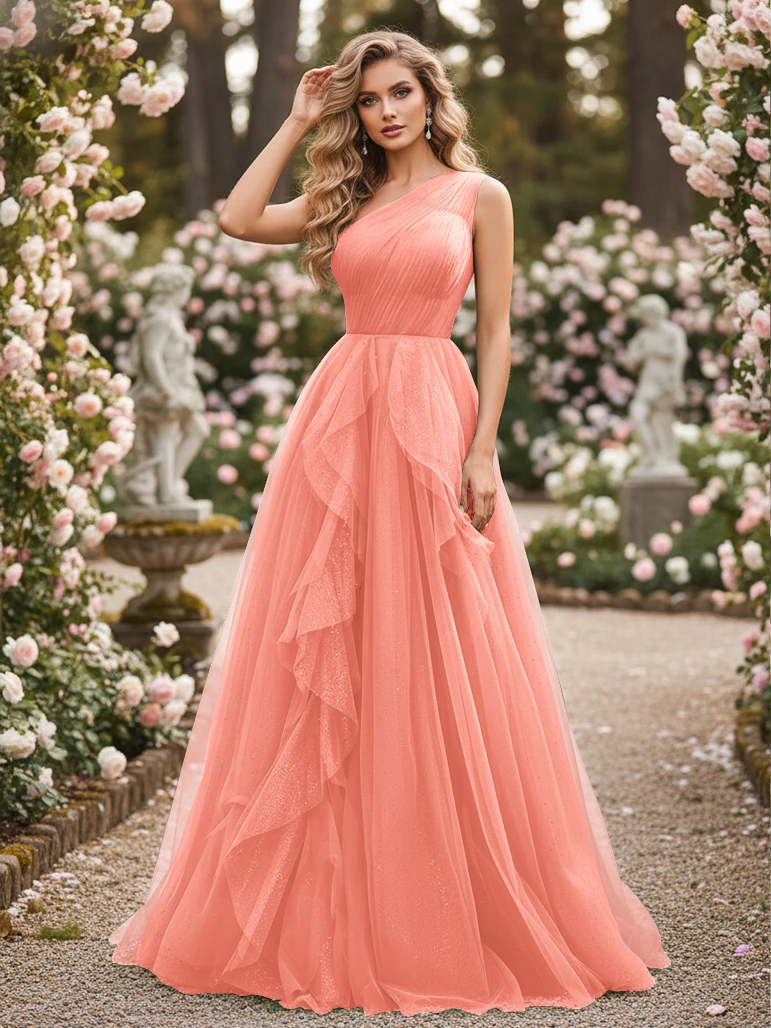 Sparkling Tulle A-Line Gown with Cascading Ruffles Sunset