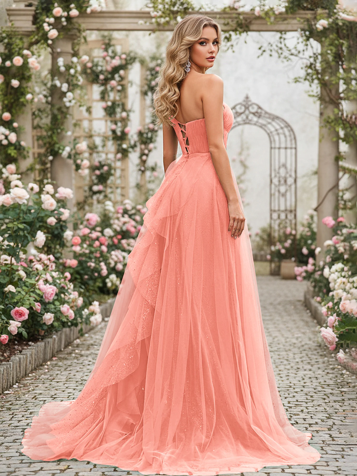 Sparkling Tulle A-Line Gown with Cascading Ruffles Sunset - Image 2
